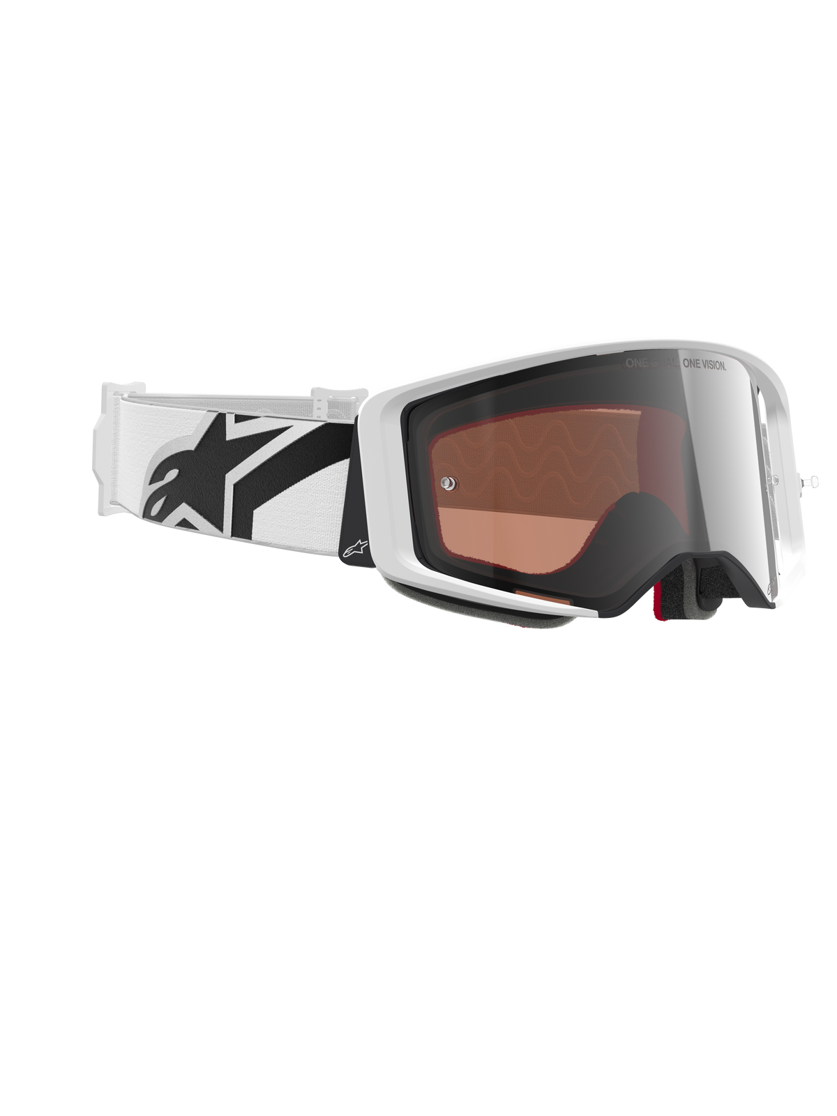 Masque Alpinestars Supertech Corp Absolute Vision, masque de motocross, blanc et argent miroir, doté d'une monture blanche avec un écran argenté réfléchissant, large bandeau blanc réglable avec logo étoile noir, lunettes de course tout-terrain professionnelles