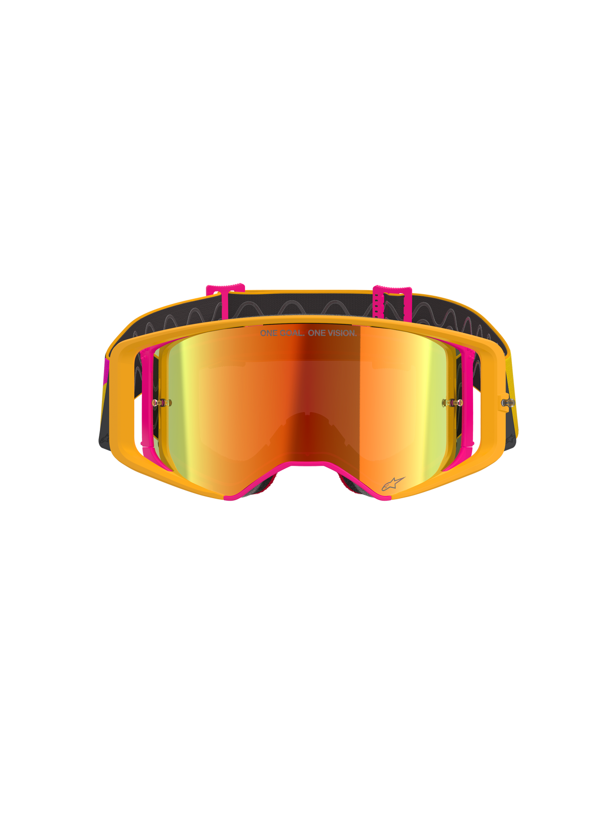 Alpinestars Supertech Corp Goggles Absolute Vision, masque de motocross, monture jaune et rose avec écran miroir rouge, vue de face, arborant le texte 'ONE GOAL. ONE VISION.' sur l'écran, bandeau noir réglable avec silicone antidérapant
