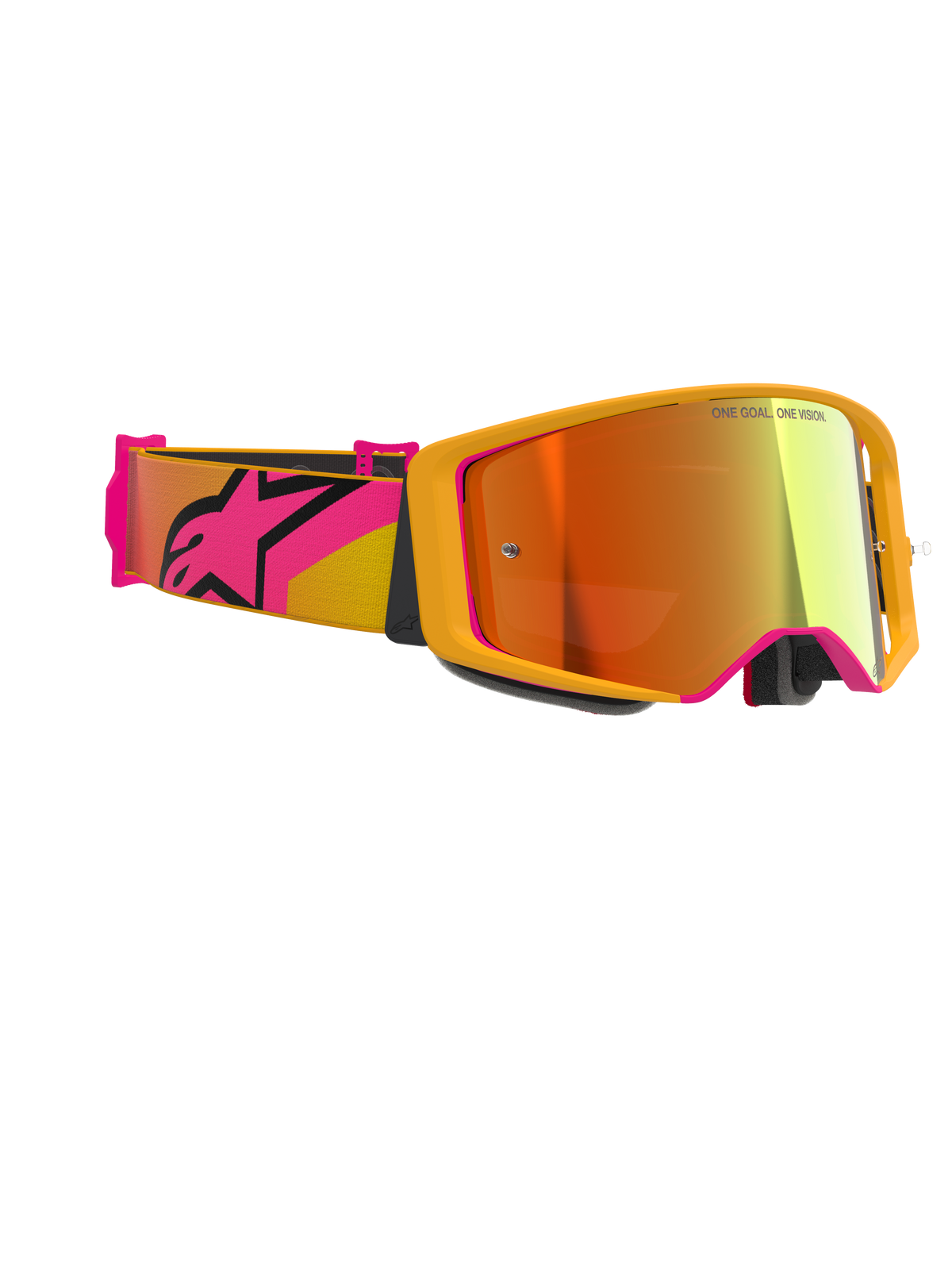 Masque Alpinestars Supertech Corp Absolute Vision, masque de motocross, jaune avec des accents roses et lentille miroir rouge, doté d'un large bandeau rose et jaune avec un grand logo Alpinestars, inscription « ONE GOAL. ONE VISION. » imprimée sur la lentille, lunettes de course haute performance pour le tout-terrain