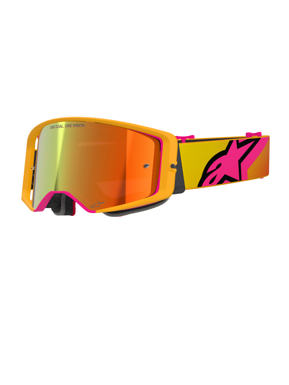 Alpinestars Supertech Corp Goggles Absolute Vision, masque de motocross, jaune et rose miroir rouge, doté d'une monture jaune vif, écran miroir aux reflets orange et rouge, bandeau jaune avec grand logo étoile Alpinestars rose, lunettes de course tout-terrain professionnelles