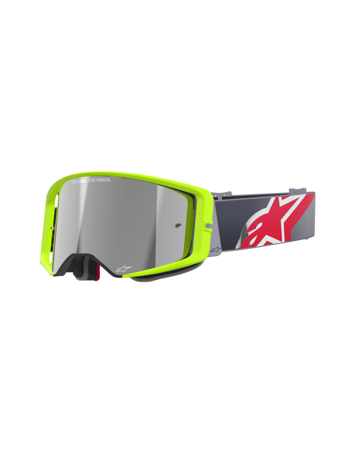 Alpinestars Supertech Corp Goggles Absolute Vision, Motocross MX Goggles, Bright Yellow Fluo frame with Silver mirror lens, Grey strap with a large Red and White star logo, featuring 'ONE GOAL. ONE VISION.' branding on the lens, durable design for off-road racing
