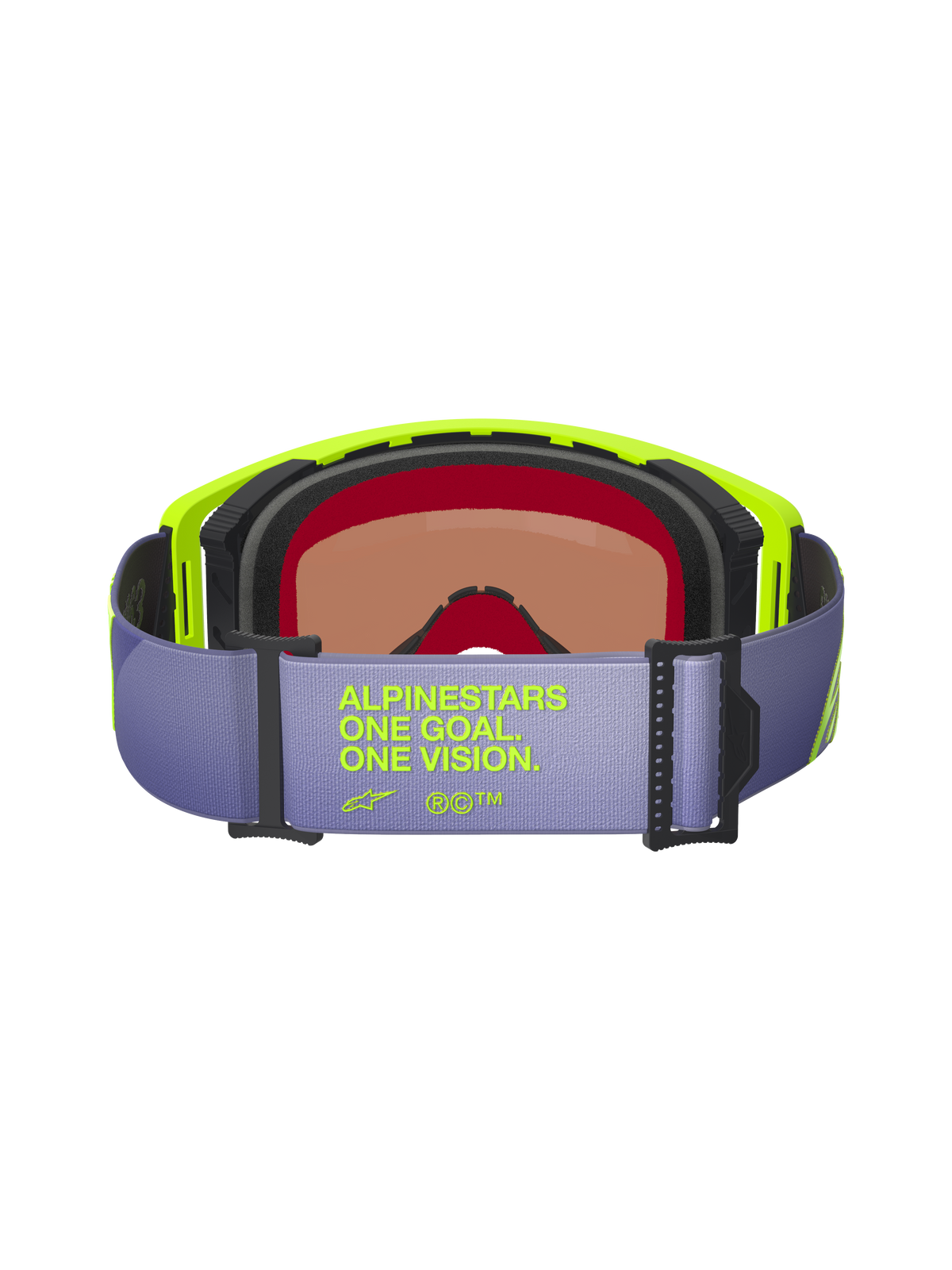 Masque Alpinestars Supertech Vision Corp, vue arrière, bandeau violet clair avec texte jaune fluo 'ALPINESTARS ONE GOAL. ONE VISION.', monture jaune fluo, mousse faciale multicouche noire et écran teinté pour le motocross et le tout-terrain
