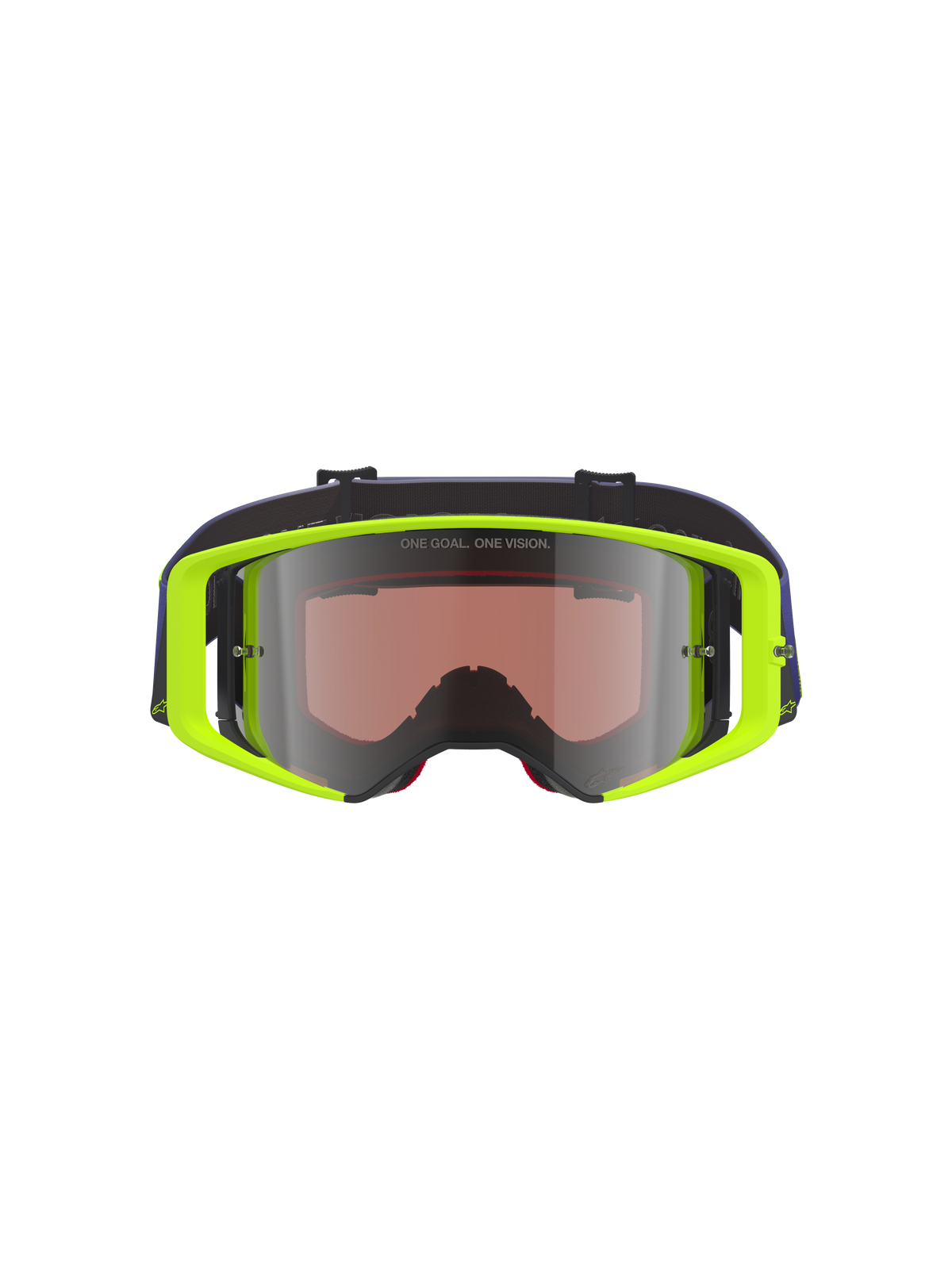 Masque Alpinestars Supertech Vision Corp, masque de motocross, monture jaune fluorescent avec sangle violette, écran teinté argent miroir avec le texte 'ONE GOAL. ONE VISION.', protection oculaire haute performance pour la course tout-terrain