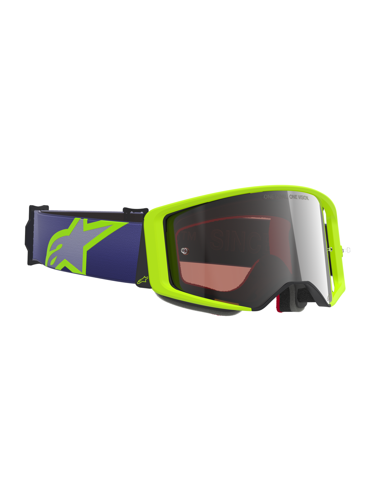 Masque Alpinestars Supertech Vision Corp, masque de motocross, jaune fluorescent et violet, écran miroir argent, sangle élastique violette avec logo Astars jaune citron, protection oculaire spécialisée pour le tout-terrain et les courses de motocross