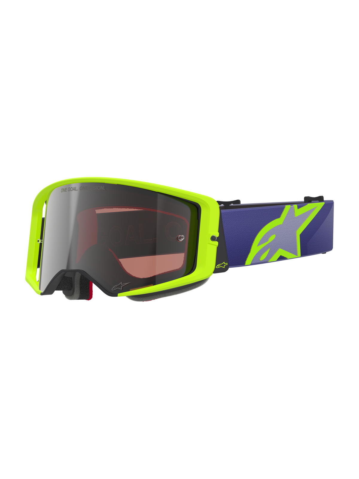 Masque Alpinestars Supertech Vision Corp, lunettes de motocross tout-terrain, jaune fluo et violet, écran miroir argenté avec texte « One Goal One Vision », sangle violette avec grand logo étoile jaune fluo, rembourrage en mousse noire, écran incurvé haute résistance