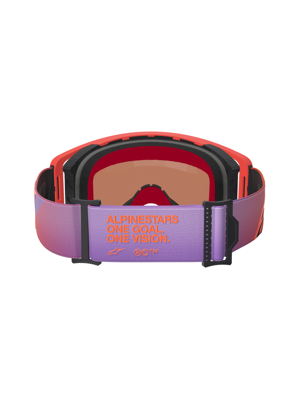 Masque Alpinestars Supertech Vision Corp, masque de motocross, vue arrière présentant un bandeau réglable violet avec marquage orange « ALPINESTARS ONE GOAL ONE VISION », monture corail vif avec mousse noire, protection oculaire haute performance pour la course tout-terrain