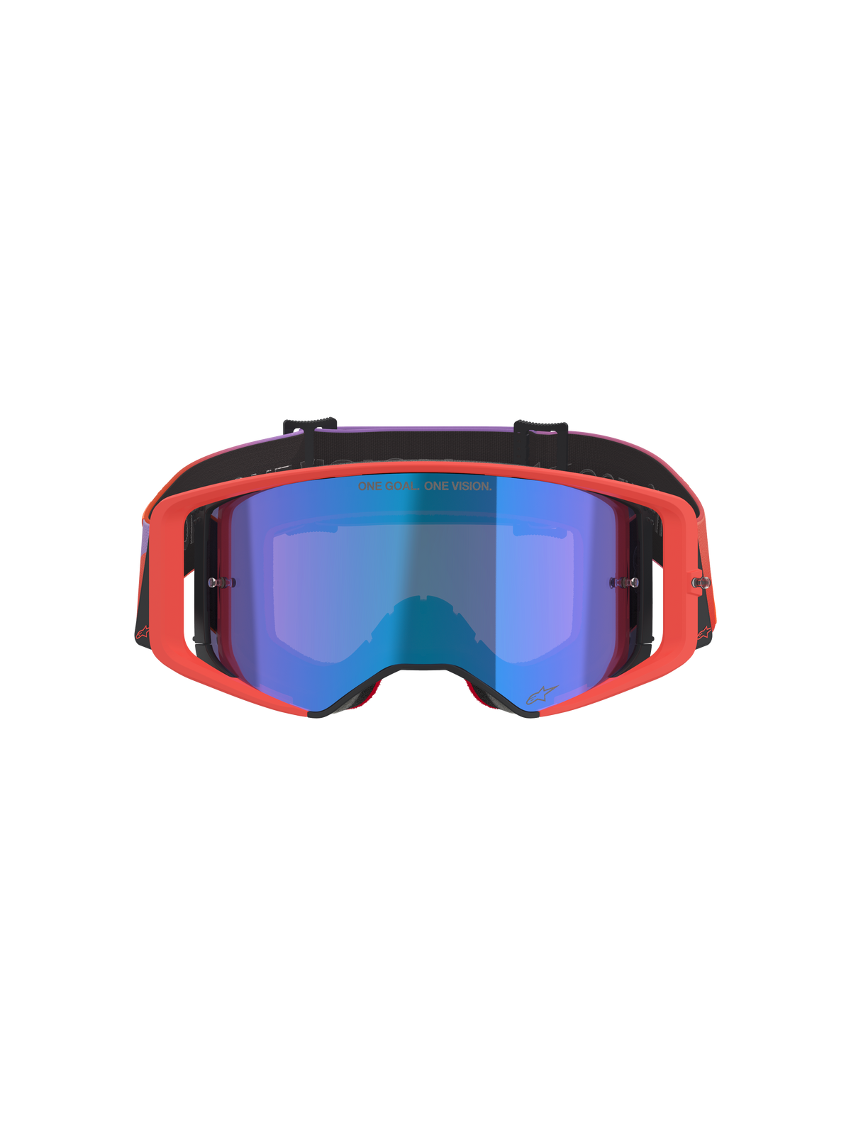 Masque Alpinestars Supertech Vision Corp, masque de motocross, monture Hot Coral avec écran teinté Mirror Blue, bandeau dégradé violet et orange, avec l'inscription 'ONE GOAL. ONE VISION.', protection oculaire haute performance pour la course tout-terrain