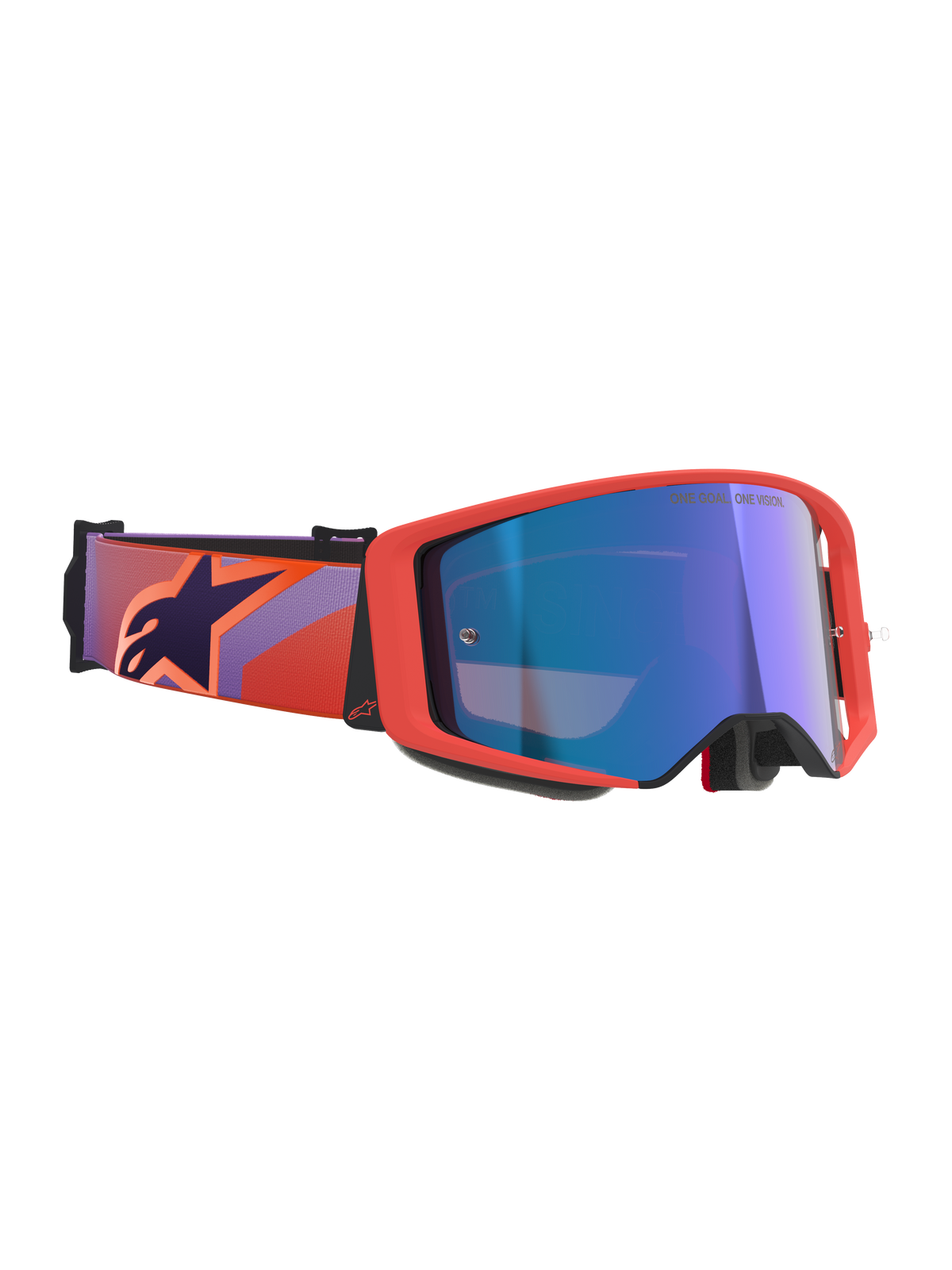 Masque Alpinestars Supertech Vision Corp, masque de motocross, monture Hot Coral et écran Mirror Blue, avec bandeau à motifs violets et corail et logo étoile bleu foncé, design éprouvé en compétition pour la course tout-terrain