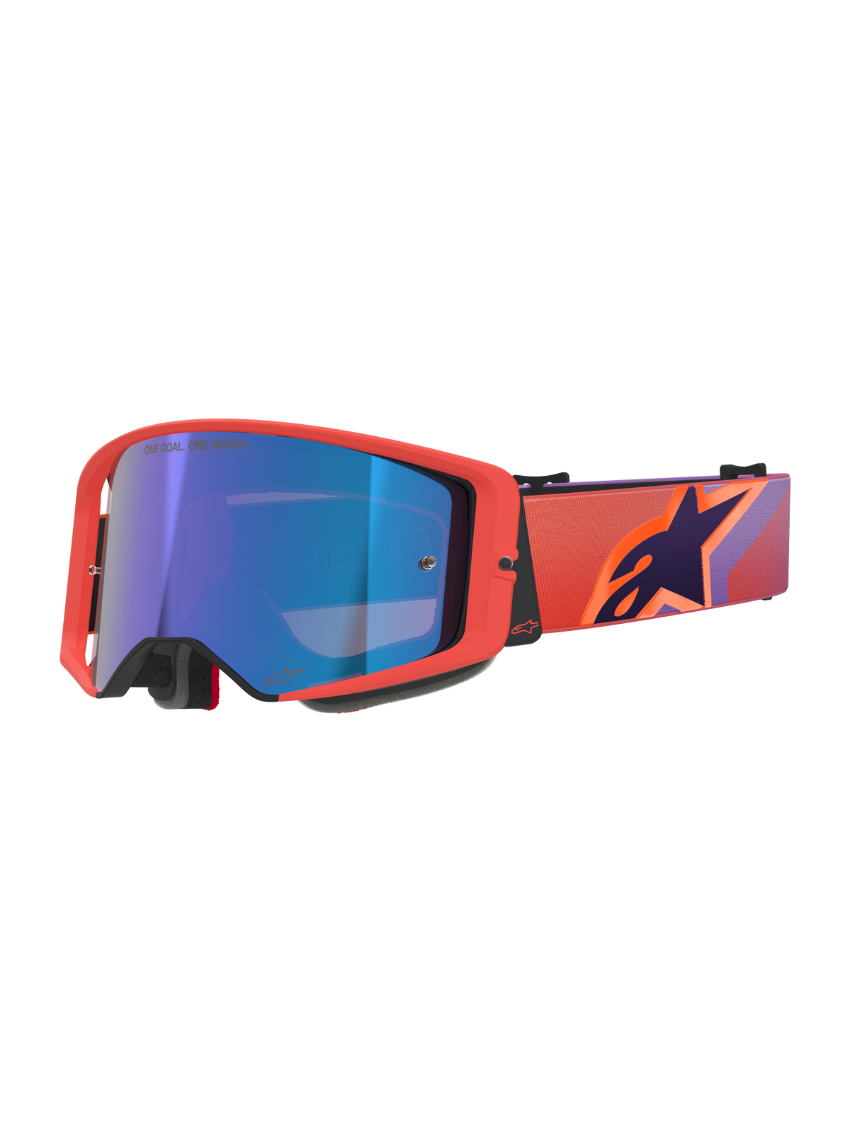 Masque Alpinestars Supertech Vision Corp, masque de motocross, monture Hot Coral avec écran bleu miroir, doté d'un bandeau à motifs violet et orange avec le logo Alpinestars, lunettes haute performance pour la course tout-terrain