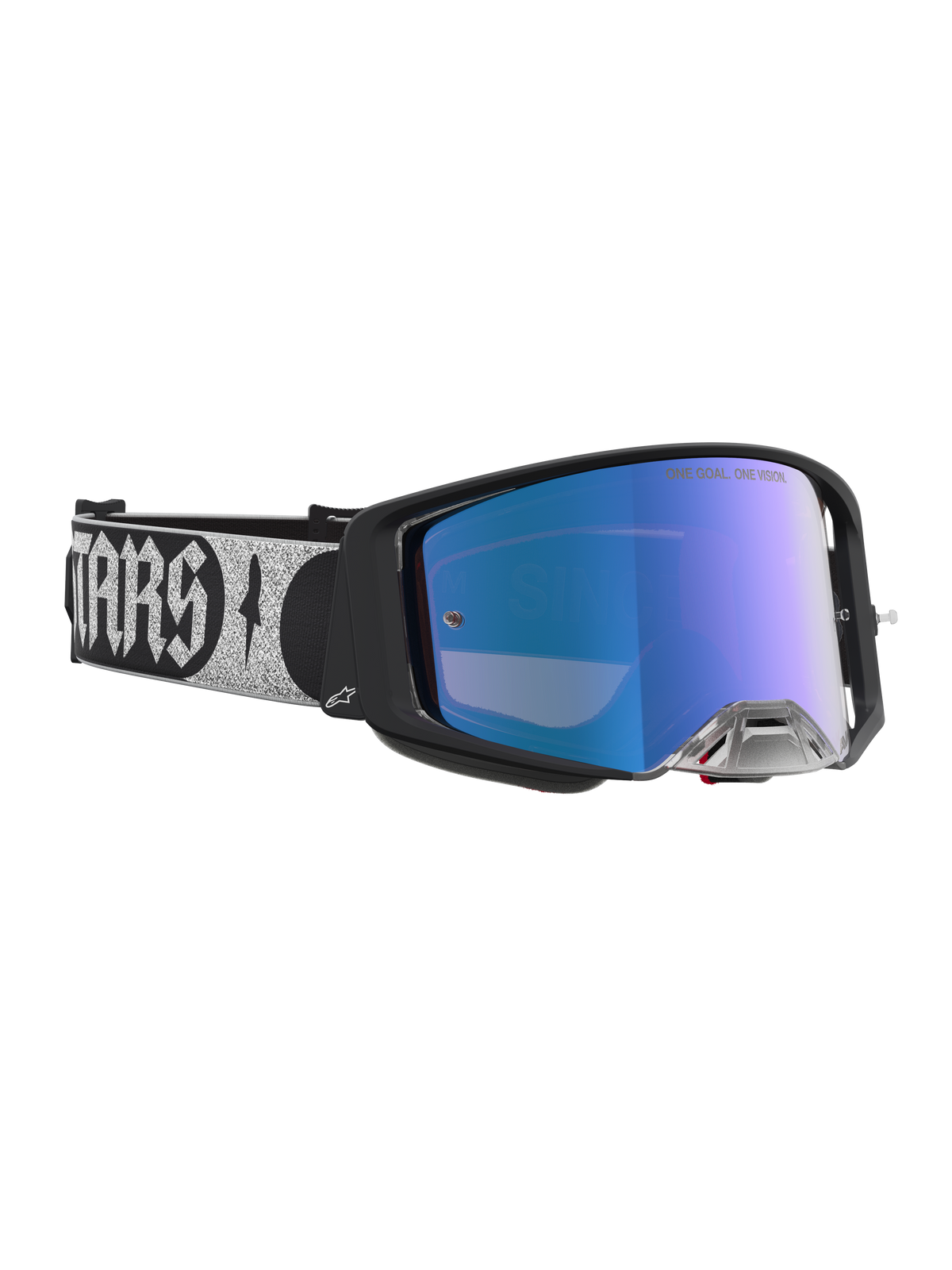 Alpinestars Masque Supertech Atrox, masque de motocross avec monture noire, lentille miroir bleue et sangle réglable à logo argenté, performance tout-terrain.