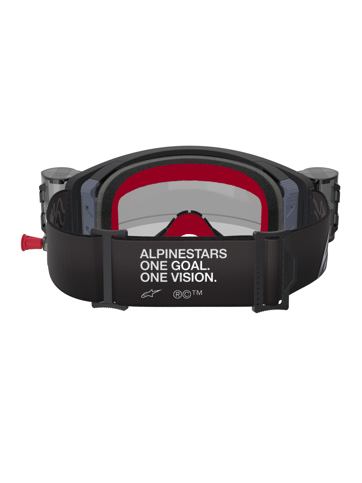 Masque Alpinestars Supertech Corp avec système Roll-Off, noir et gris avec accents rouges, vue arrière montrant le large bandeau avec le texte blanc « ALPINESTARS ONE GOAL. ONE VISION. », boîtiers roll-off intégrés sur les côtés et mousse faciale multicouche rouge, protection oculaire professionnelle pour le motocross