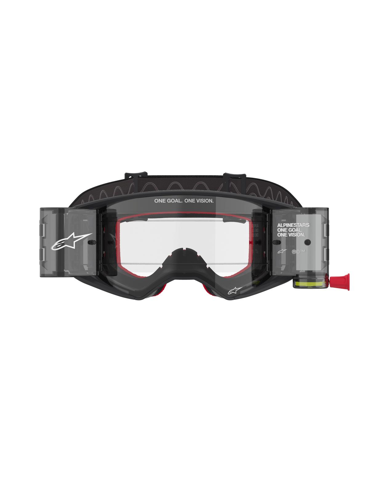 Alpinestars Masque Supertech Corp Roll-Off, lunettes de motocross et VTT, noir et gris avec mousse intérieure rouge, écran transparent doté du système Wide Vision Roll-Off, marquage « ONE GOAL. ONE VISION. », protection oculaire technique tout-terrain au design angulaire moderne