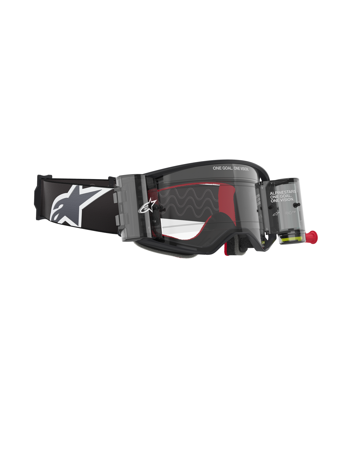 Masque Alpinestars Supertech Corp Roll-Off, noir et gris, doté d'un système Roll-Off Wide Vision avec boîtiers transparents, écran clair avec lignes de glissement en silicone et large bandeau noir avec logo Astars blanc, conçu pour le motocross professionnel et le tout-terrain.