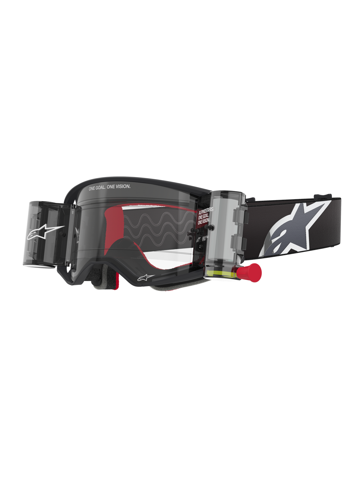 Masque Alpinestars Supertech Corp Roll-Off, monture noire et écran clair, doté d'un système Wide Vision Roll-Off avec tirette rouge, bandeau noir arborant un large logo Alpinestars gris et blanc, lunettes techniques de motocross avec slogan « One Goal. One Vision. ».