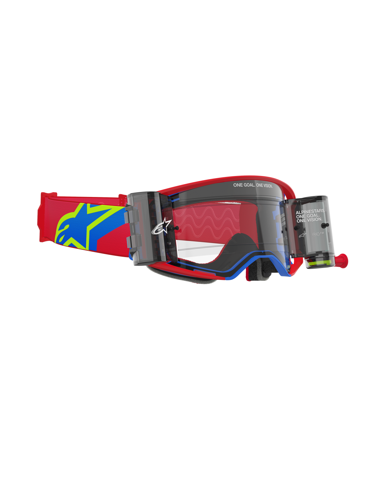 Masque Alpinestars Supertech Corp Roll Off, masque de motocross, monture rouge et bleue avec écran clair, système Roll-Off Wide Vision intégré avec deux boîtiers, bandeau réglable rouge avec logo étoile bleu et jaune, protection oculaire de qualité professionnelle pour le tout-terrain