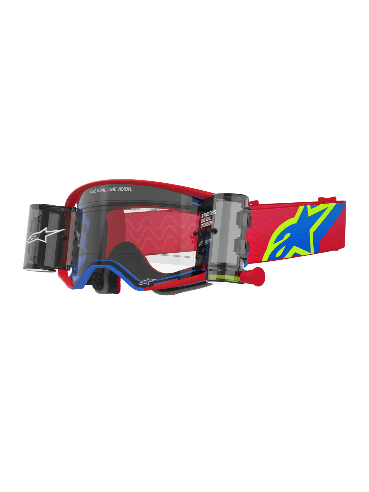Alpinestars Supertech Corp Goggles Roll Off, lunettes de motocross, rouges et bleues avec écran transparent, dotées d'un système Roll-Off Wide Vision intégré, écran transparent moulé par injection, monture rouge avec accents bleus, large sangle rouge avec logo étoile bleu et jaune, protection oculaire professionnelle pour la course tout-terrain