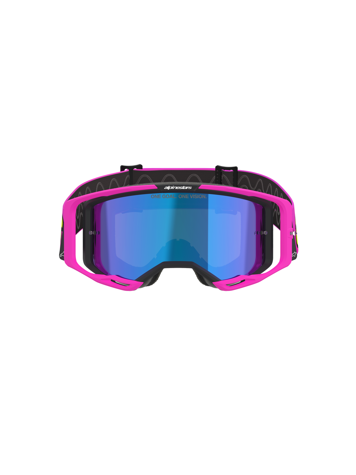 Masque Alpinestars Vision 8 Vista, masque de motocross, rose fluo et jaune fluo avec écran miroir bleu, monture rose vif, écran bleu miroir, bandeau noir avec marquage « ONE GOAL. ONE VISION. », protection oculaire professionnelle pour le tout-terrain