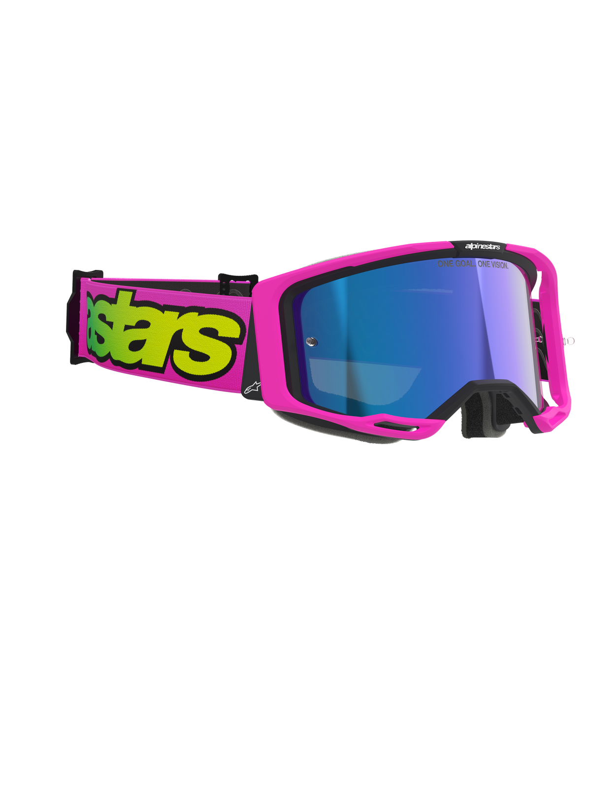 Masque Alpinestars Vision 8 Vista, masque de motocross, rose fluo et jaune fluo avec écran bleu miroir, monture et sangle rose vif avec logo jaune audacieux, protection oculaire professionnelle tout-terrain