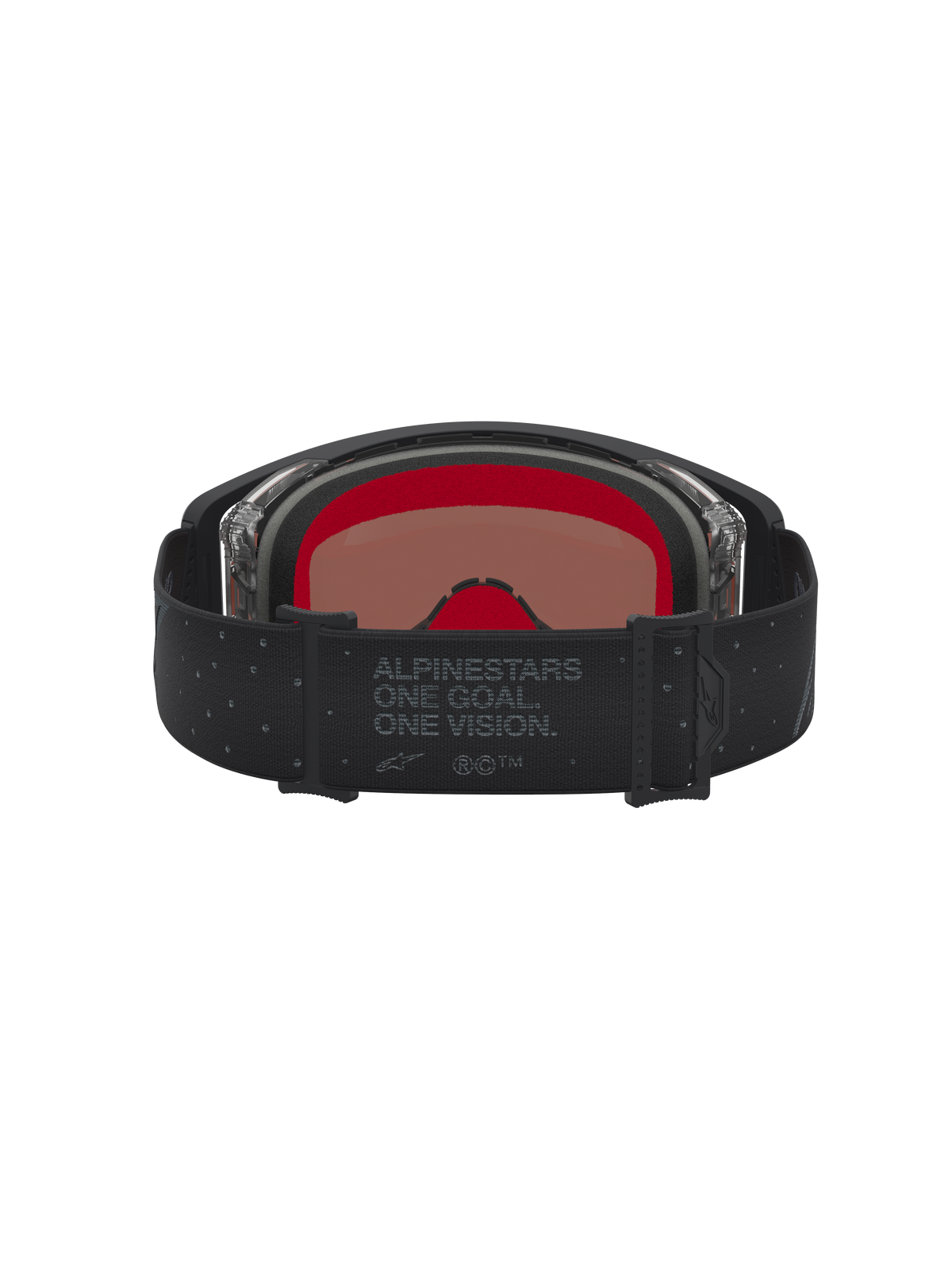 Masque Supertech Cloak Alpinestars, masque de motocross tout-terrain, noir et argenté avec mousse intérieure rouge et sangle griffée One Goal. One Vision., vue de l'intérieur.