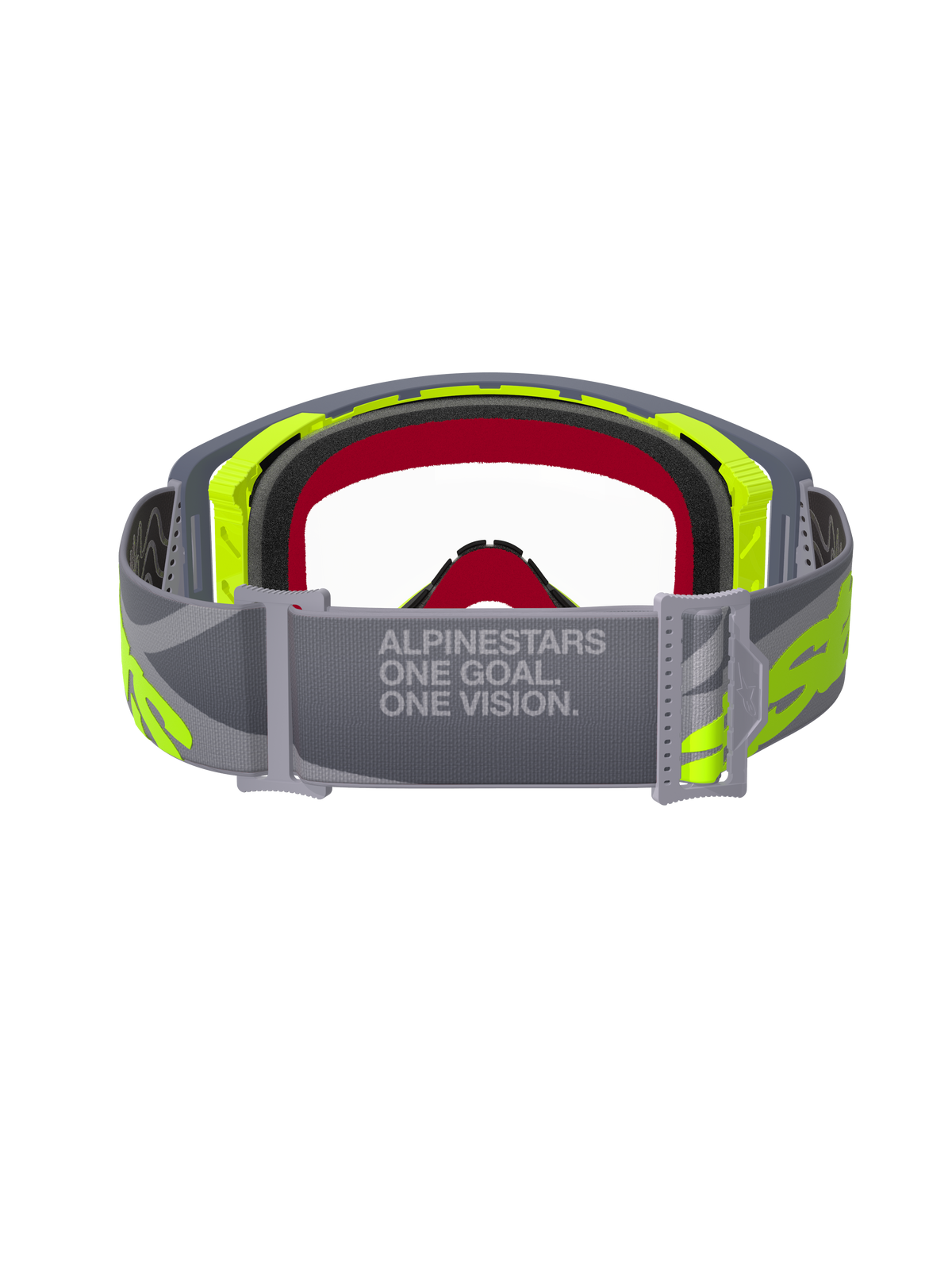 Masque Alpinestars Supertech Stream, lunettes de motocross, gris et jaune fluo, vue arrière montrant le bandeau gris réglable avec le texte 'ONE GOAL. ONE VISION.', écran transparent et mousse faciale multicouche, équipement de course tout-terrain professionnel