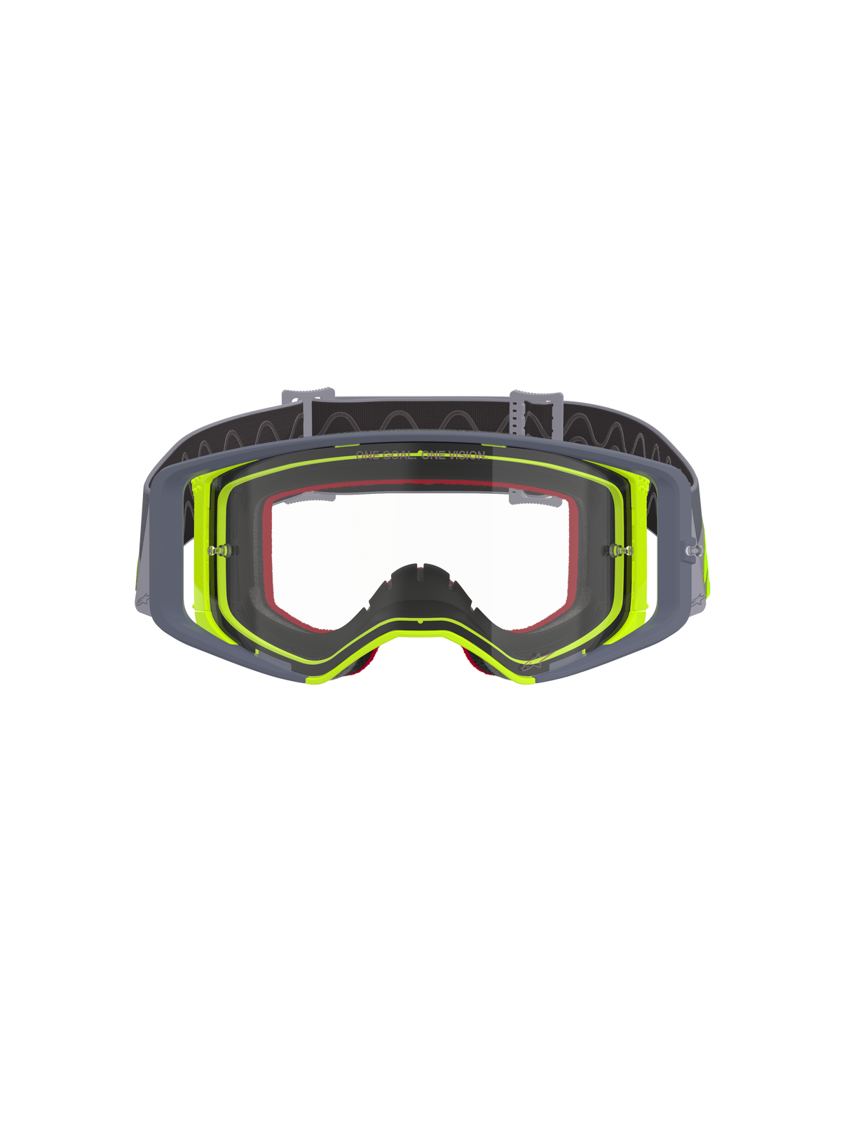 Masque de motocross Alpinestars Supertech Stream, monture grise et jaune fluo avec écran clair, vue de face illustrant le design à large vision et la construction technique de la monture, protection oculaire pour la course tout-terrain