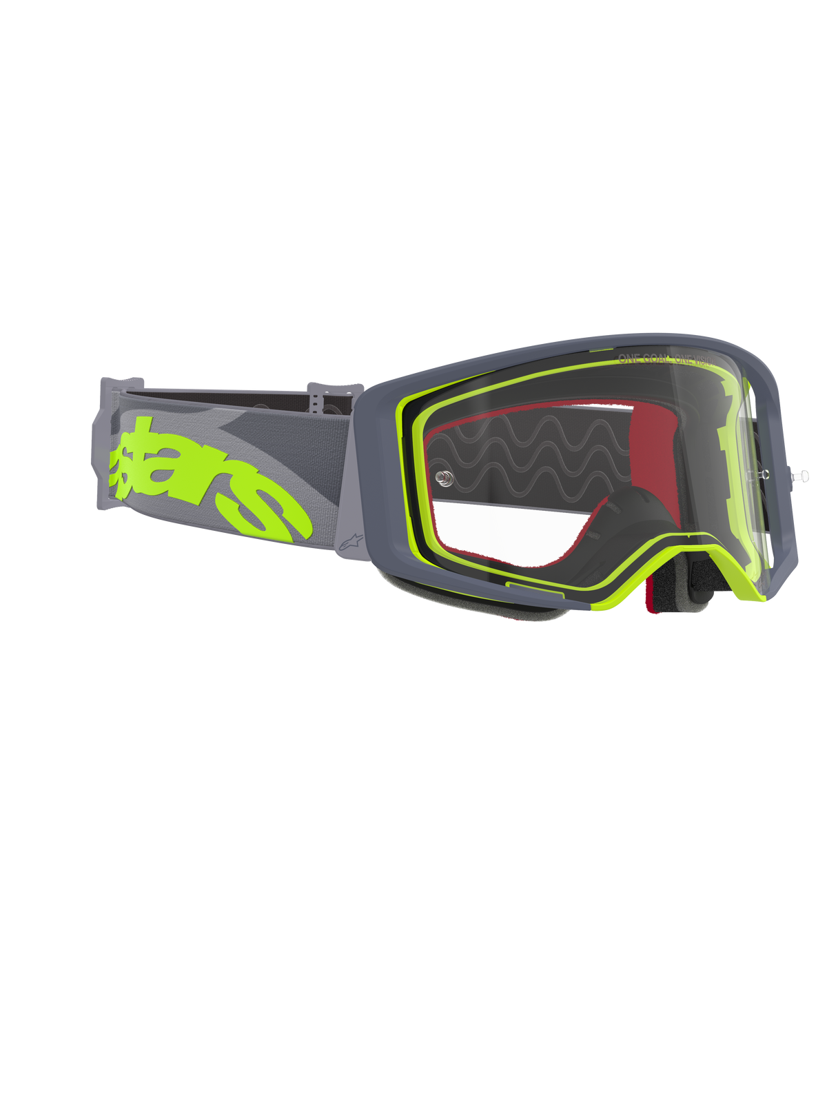 Lunettes Alpinestars Supertech Stream, masque de motocross, monture grise et jaune fluo avec écran clair, doté d'un large bandeau gris avec un grand logo jaune fluo, conçu pour la performance en motocross et tout-terrain