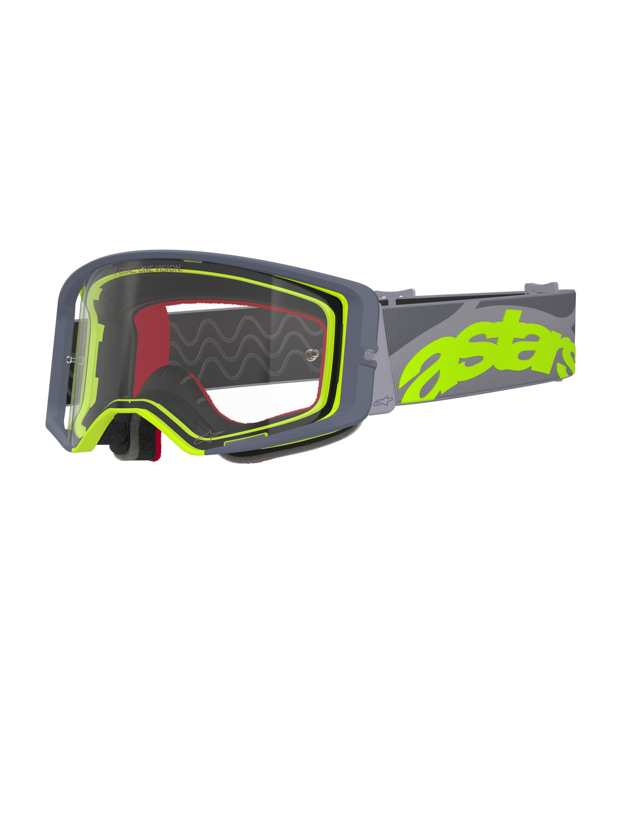 Masque de motocross Alpinestars Supertech Stream, gris et jaune fluo, écran clair avec monture grise, mousse intérieure rouge, large bandeau gris avec logo astars jaune fluo, lunettes de protection professionnelles pour le tout-terrain