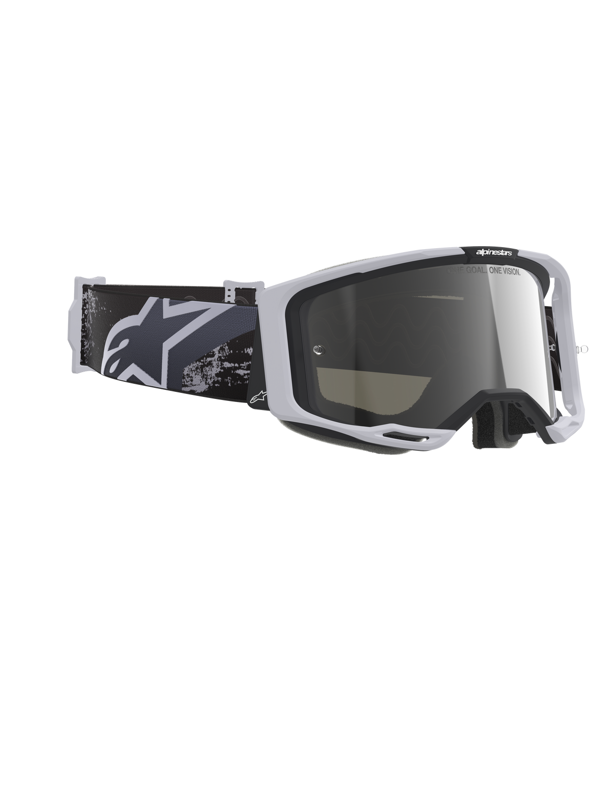 Alpinestars Vision 8 Lahnd Goggles, Motocross Goggles, Iron Camo Mirror Silver, light grey frame with mirror silver lens, black and grey camouflage strap with white Alpinestars logo, high-performance off-road eye protection