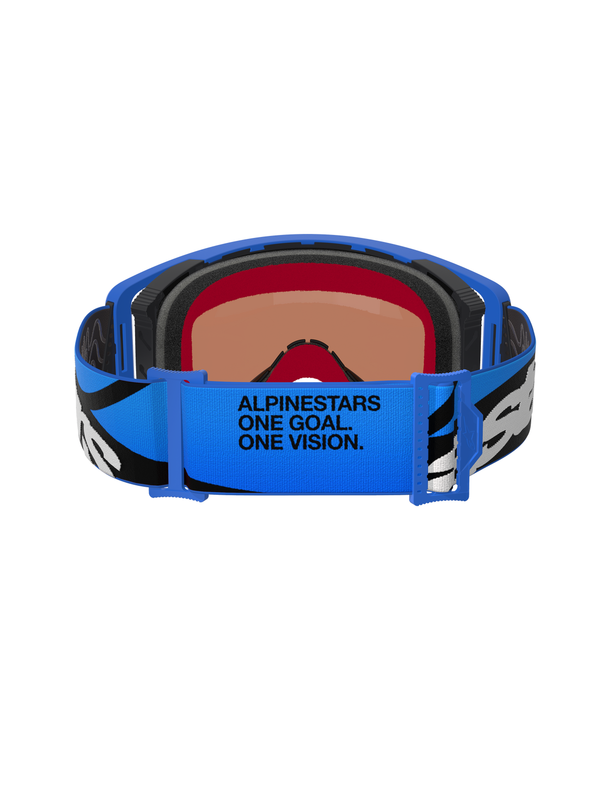 Masque de motocross Alpinestars Supertech Stream, Bleu, vue arrière montrant le bandeau ajustable bleu avec des graphismes noirs et blancs et le slogan 'ALPINESTARS ONE GOAL. ONE VISION.', mousse faciale multicouche pour le confort et l'étanchéité