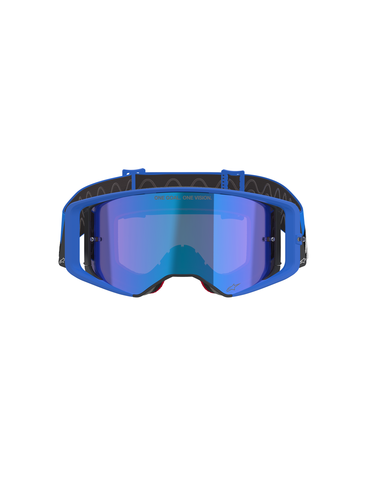Masque Alpinestars Supertech Stream, masque de motocross, écran miroir bleu avec monture bleue, vue de face, bandeau noir avec logo blanc, portant le texte 'ONE GOAL... ONE VISION.' sur l'écran, lunettes de course tout-terrain haute performance