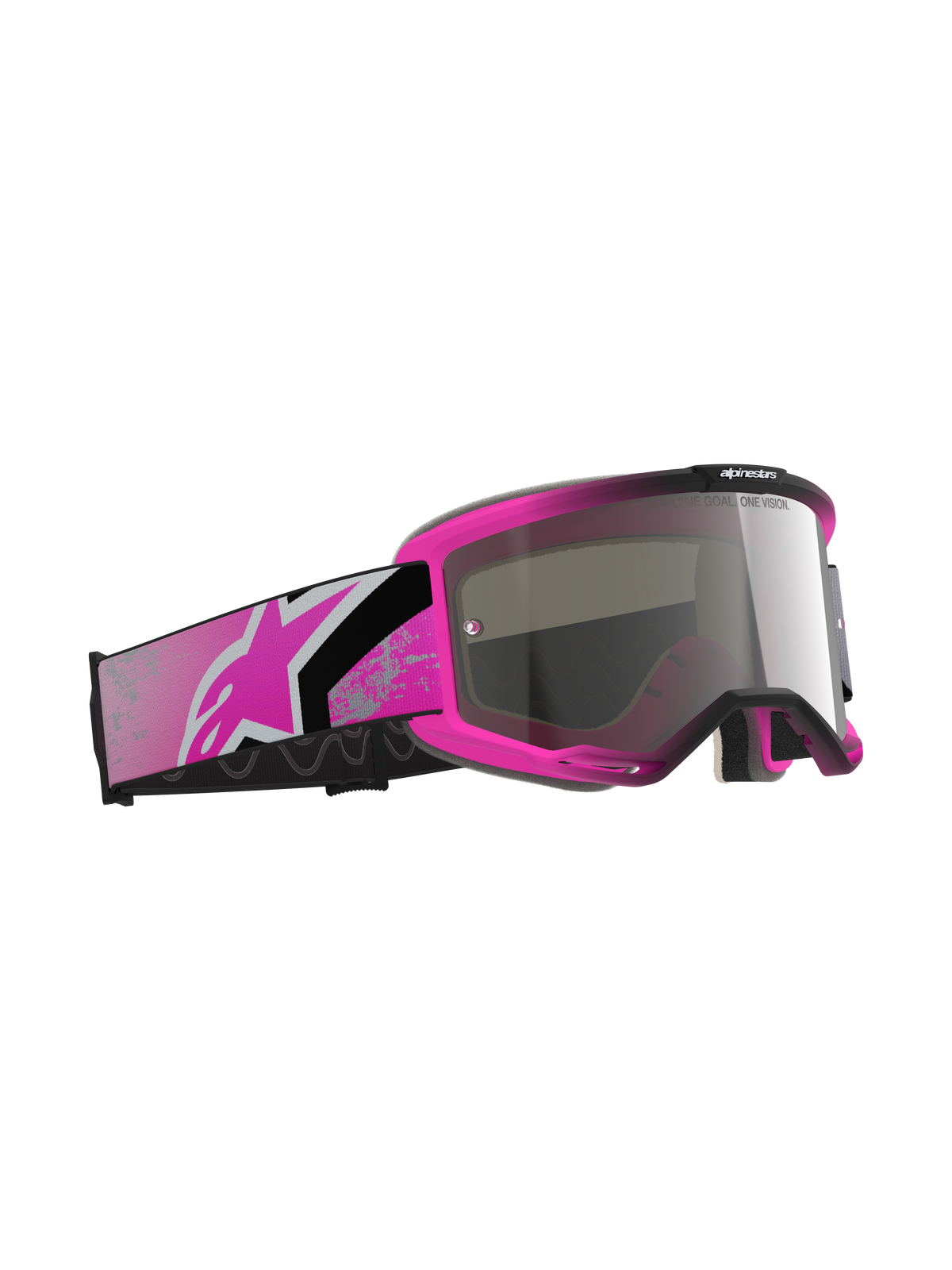 Alpinestars Vision 5 Lahnd Goggles, Motocross Goggles, Iron Pink Fluo and Mirror Silver, bright pink frame with mirrored silver lens, wide pink and black strap featuring a pink Astars logo, off-road racing eyewear