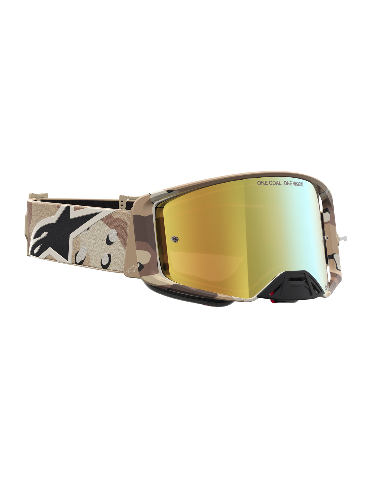 Alpinestars Masque Supertech Lone, masque de motocross camouflage sable, lentille dorée miroir, vision tout-terrain d'élite.
