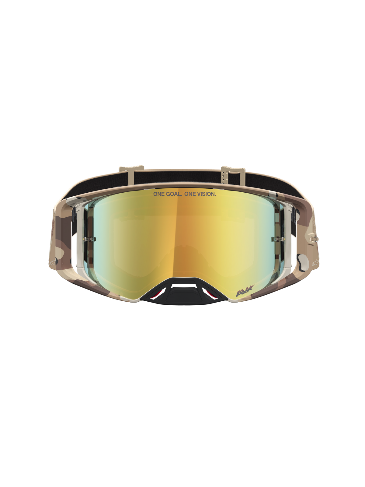 Alpinestars Masque Supertech Lone, masque de motocross camouflage désert et lentille dorée, pour la performance racing.