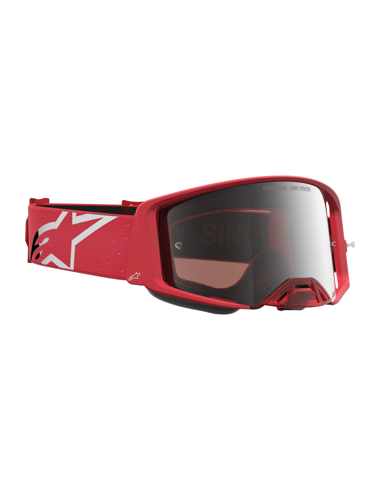Alpinestars Supertech Vesta, masque de motocross racing, rouge fluo, argenté chromé, lentille miroir, logo étoile blanc.