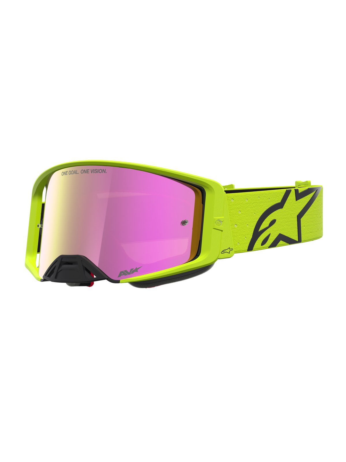 Alpinestars Supertech Vesta Motocross Goggles in Yellow Fluo and Black with a protective Pink Mirror lens for off-road riding.