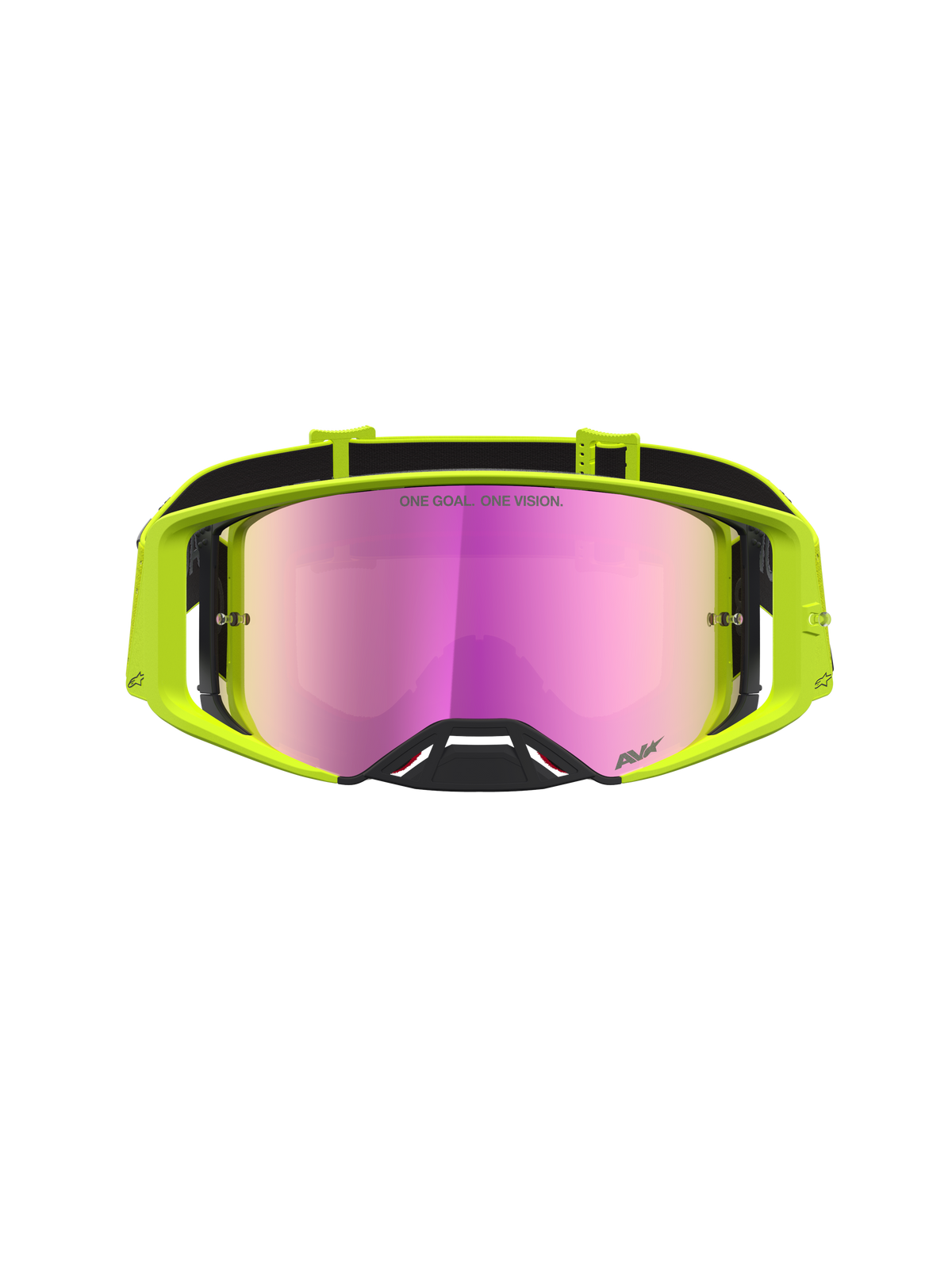 Alpinestars Masque Supertech Vesta, masque de motocross tout-terrain, jaune fluo avec écran rose miroir.