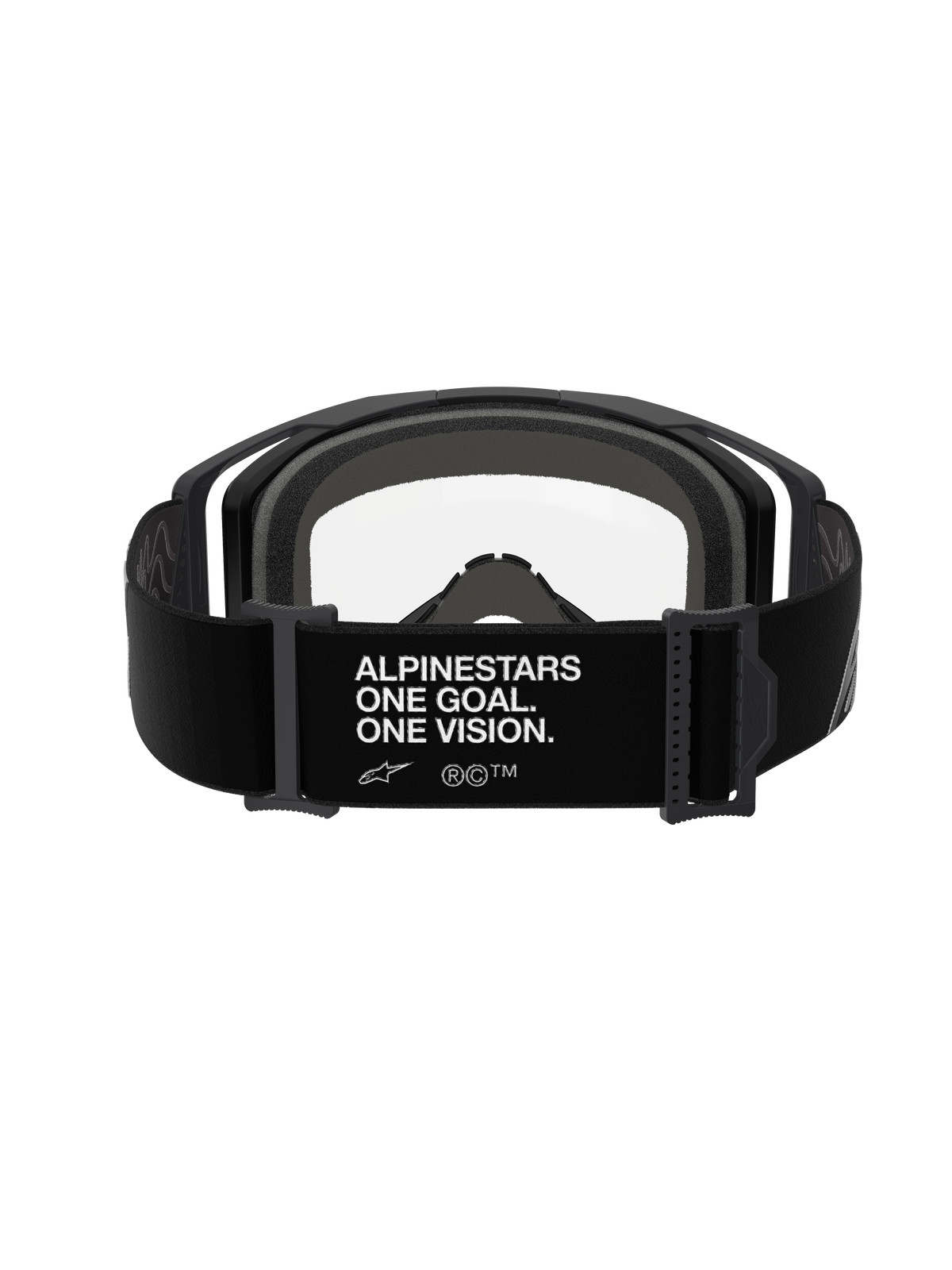 Masque Alpinestars Vision 8 Corp, Noir Clair, vue arrière montrant la sangle réglable noire avec le texte blanc « ALPINESTARS ONE GOAL. ONE VISION. », mousse faciale multicouche grise et écran en polycarbonate clair, équipement de motocross haute performance