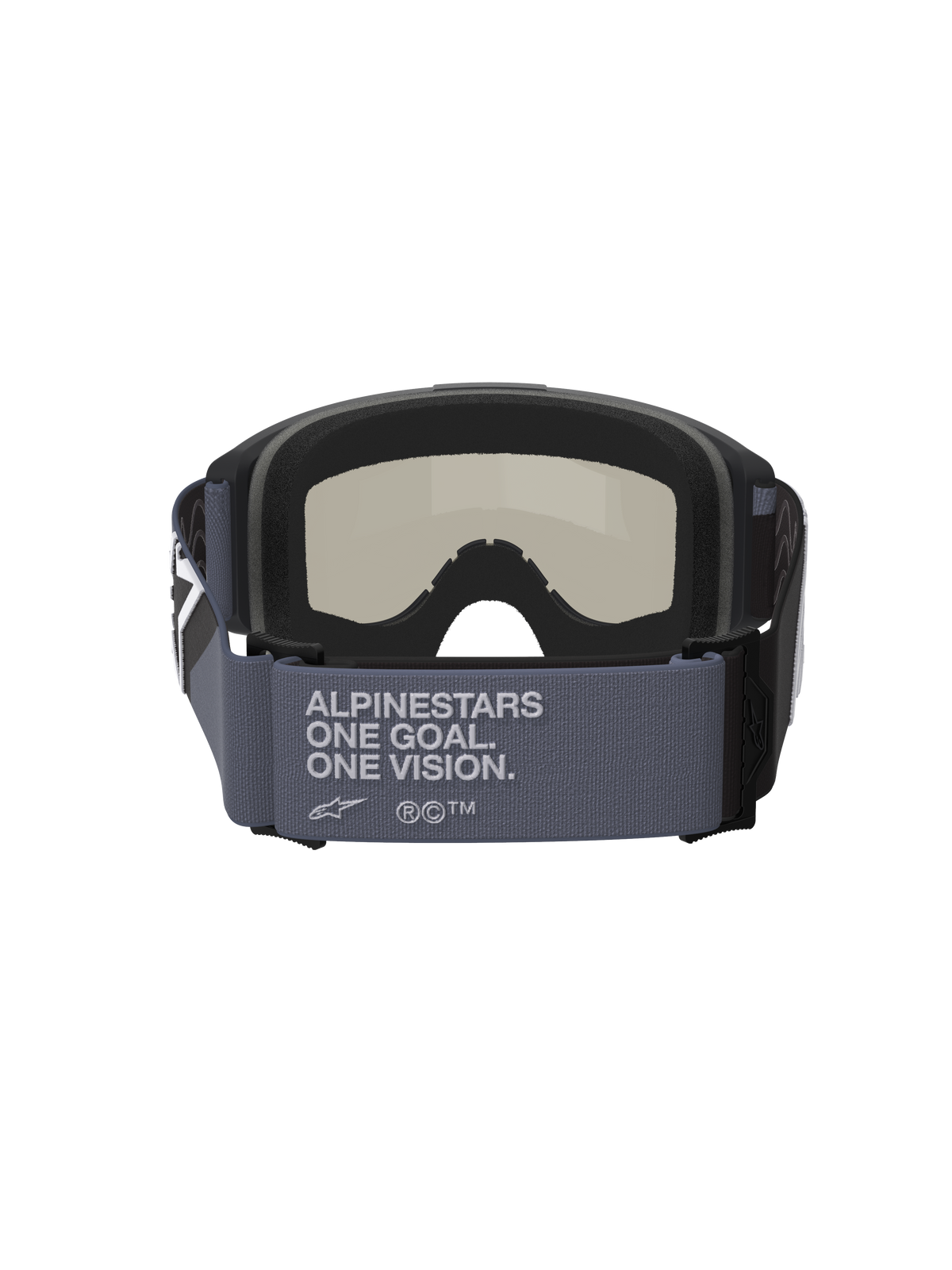Masque Alpinestars Vision Sand, masque de motocross, noir et gris, vue arrière montrant la large sangle grise avec le texte 'Alpinestars One Goal. One Vision.', mousse faciale multicouche noire et écran fumé foncé, équipement de pilotage tout-terrain pour le désert