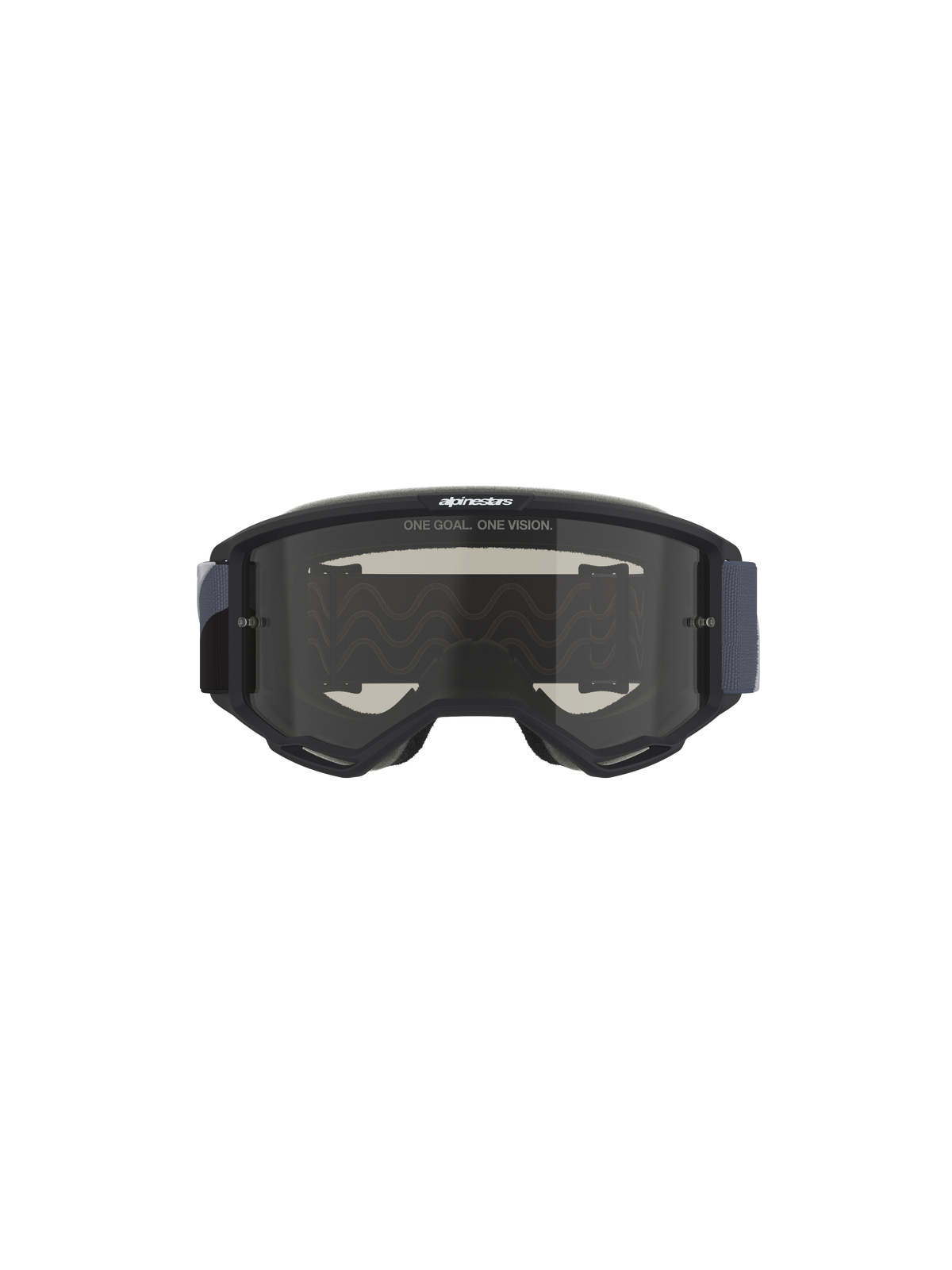 Masque Vision Sand Alpinestars, lunettes de motocross, noir et gris avec écran fumé foncé, slogan « ONE GOAL. ONE VISION. » sur l'écran, large sangle tissée, conçu pour la protection contre la poussière et le sable en tout-terrain