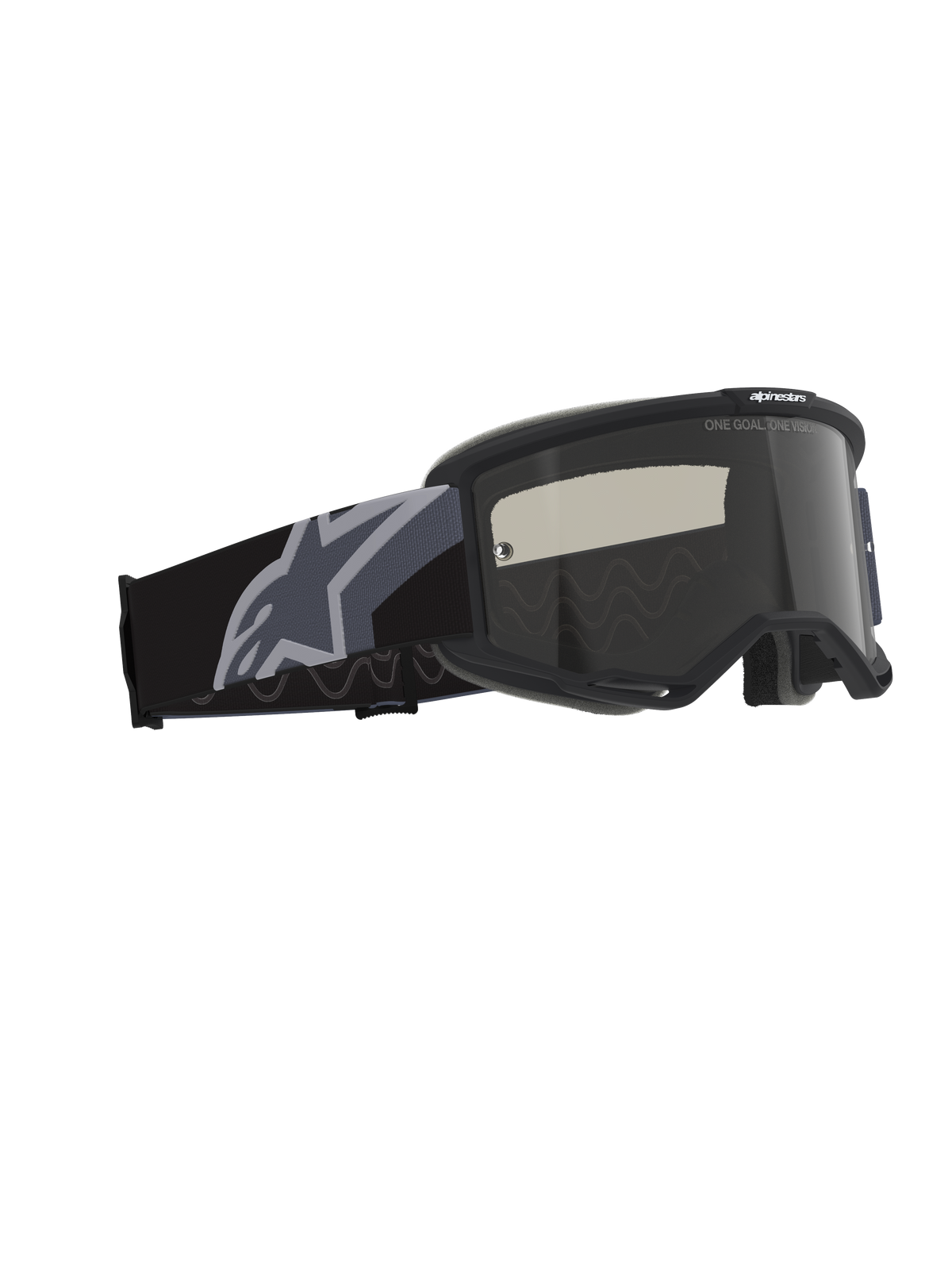 Masque Alpinestars Vision Sand, masque de motocross et tout-terrain, noir et gris avec écran fumé foncé, large bandeau tissé avec un grand logo étoile gris, monture noir mat avec ventilation RAM-AIR et mousse faciale multicouche pour la protection en milieu désertique
