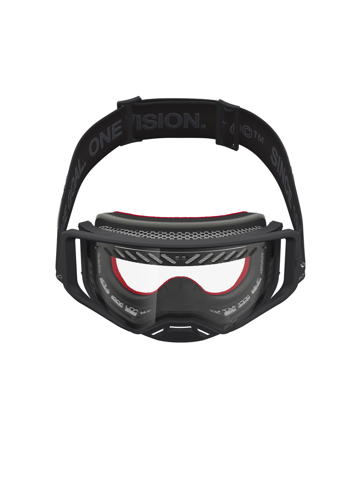 Masque Alpinestars Supertech Vesta pour motocross tout-terrain, noir et rouge, avec lentille claire en polycarbonate.