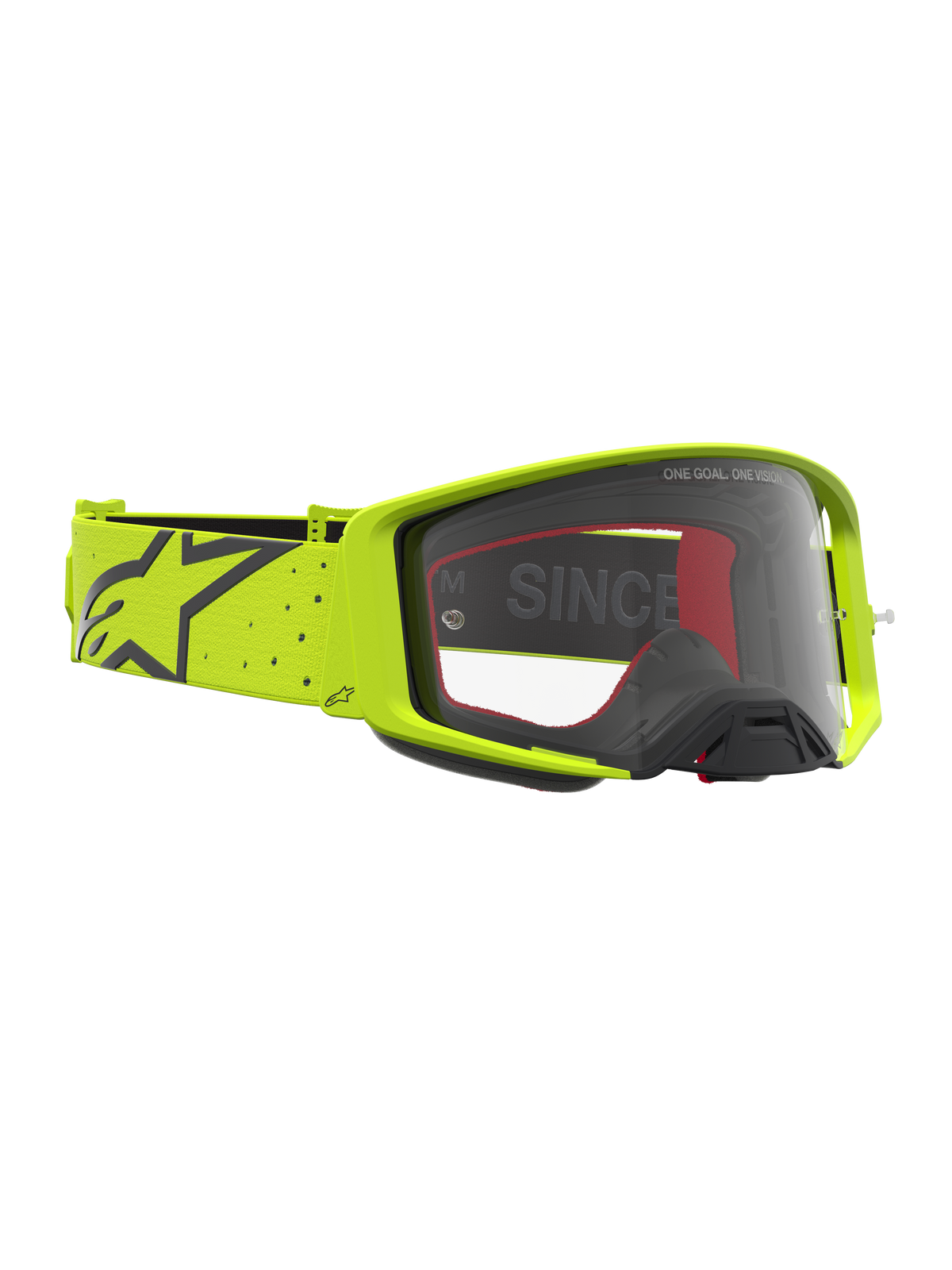 Alpinestars Supertech Vesta, masque de motocross jaune fluo et noir, lentille claire et sangle élastique, équipement off-road.