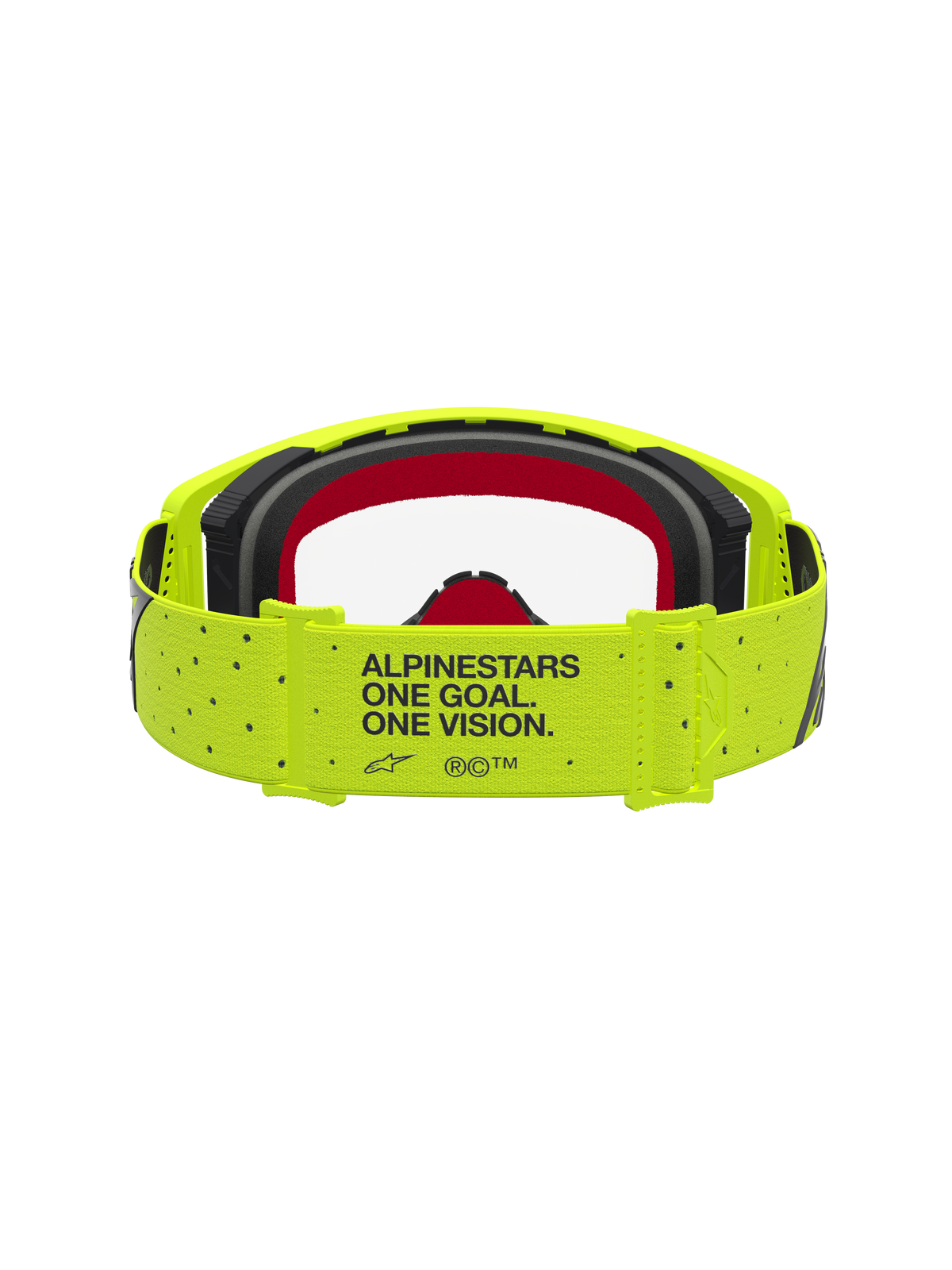 Masque Supertech Vesta d'Alpinestars pour motocross, jaune fluo et noir, bandeau One Goal One Vision et mousse rouge.