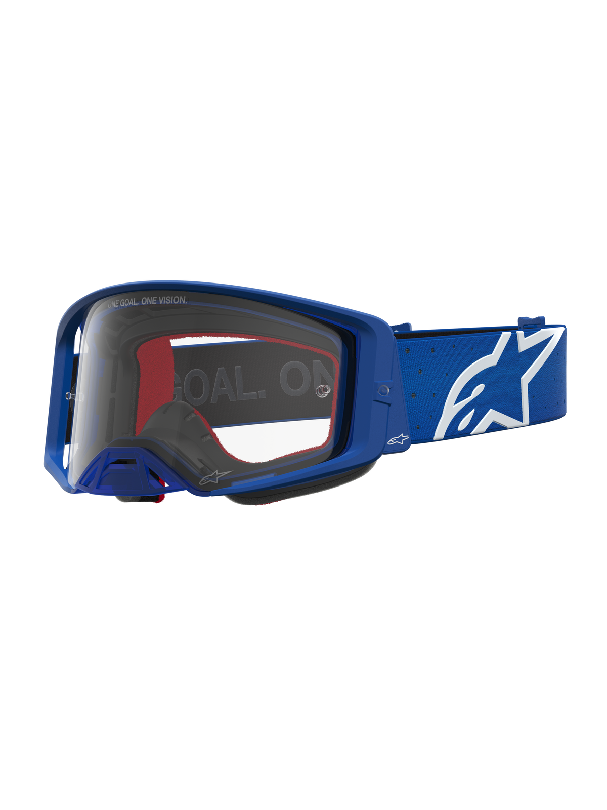 Masque Alpinestars Supertech Vesta, masque de motocross et tout-terrain pour homme, bleu et blanc, doté d'une lentille claire en polycarbonate et d'un logo étoile signature sur la sangle.