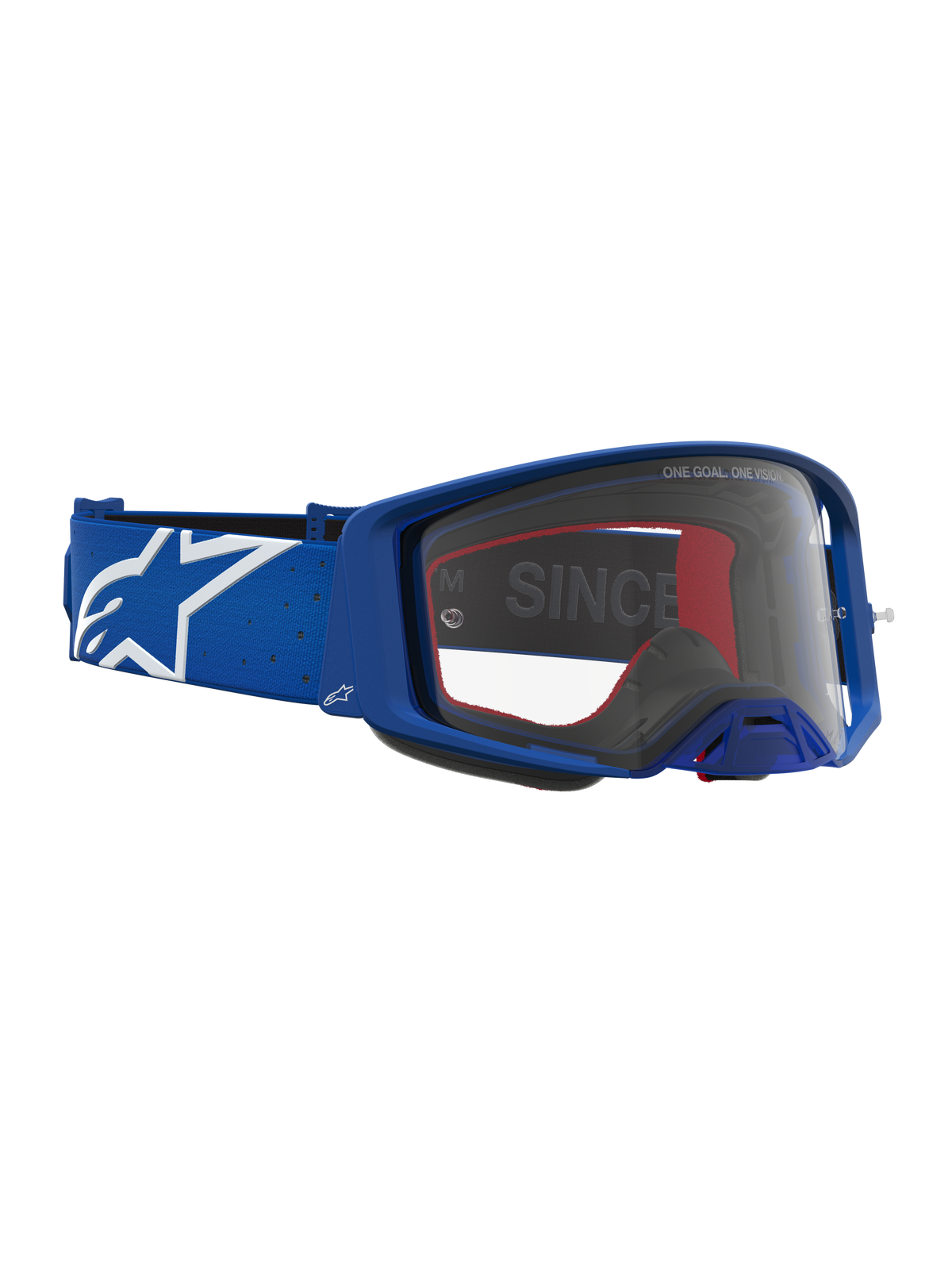Masque Alpinestars Supertech Vesta, équipement de motocross bleu et blanc avec écran clair et monture de compétition.