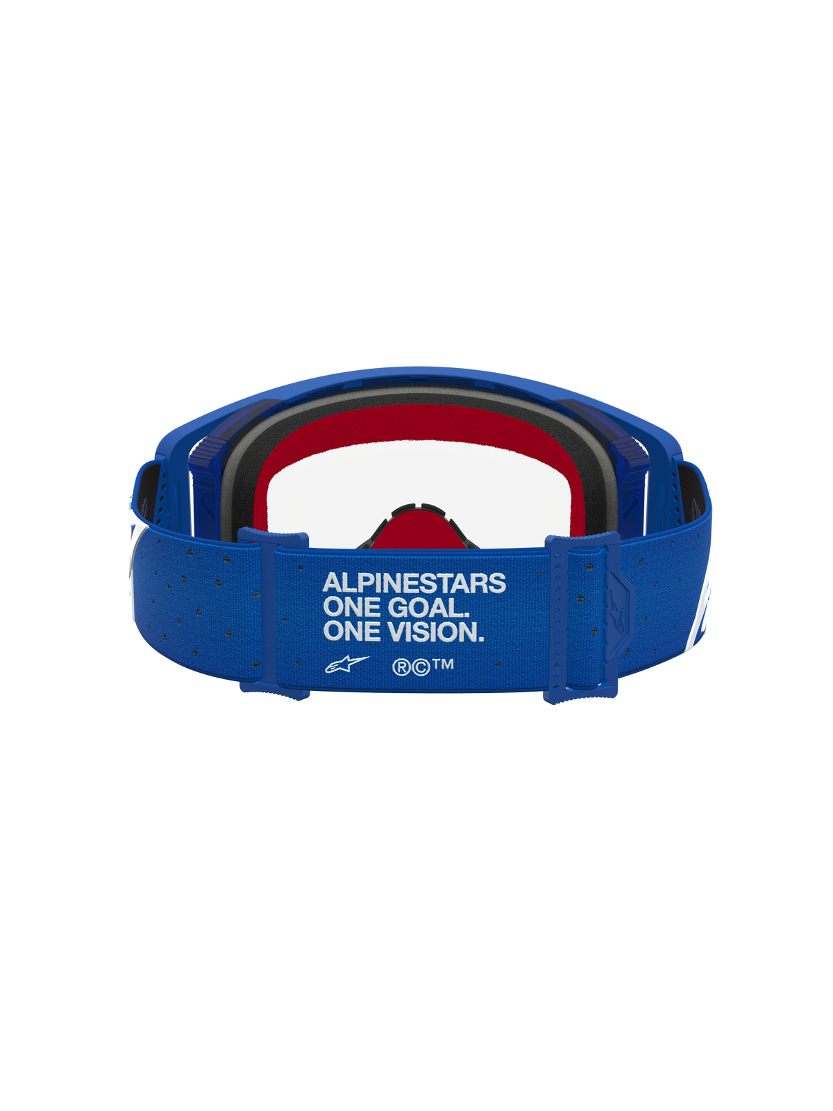 Masque Supertech Vesta Alpinestars, masque de motocross, bleu et blanc, vue arrière de la sangle avec le slogan One Goal One Vision, mousse interne rouge, équipement de racing tout-terrain