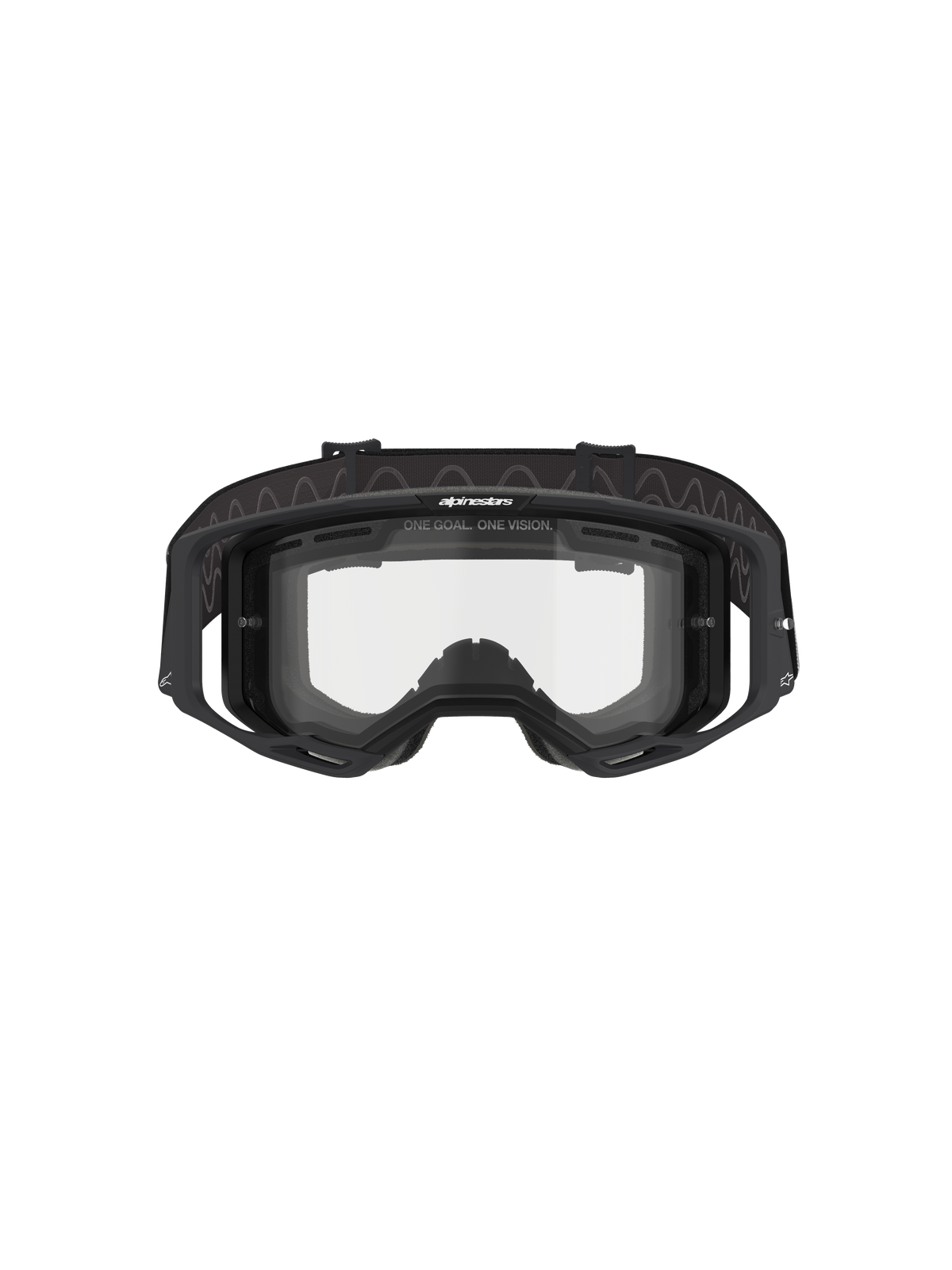 Alpinestars Vision 8 Corp Goggles - Dual Pane, lunettes de motocross, monture noire avec écran double transparent, vue de face montrant les stabilisateurs et le marquage « ONE GOAL. ONE VISION. », protection oculaire technique pour la course tout-terrain