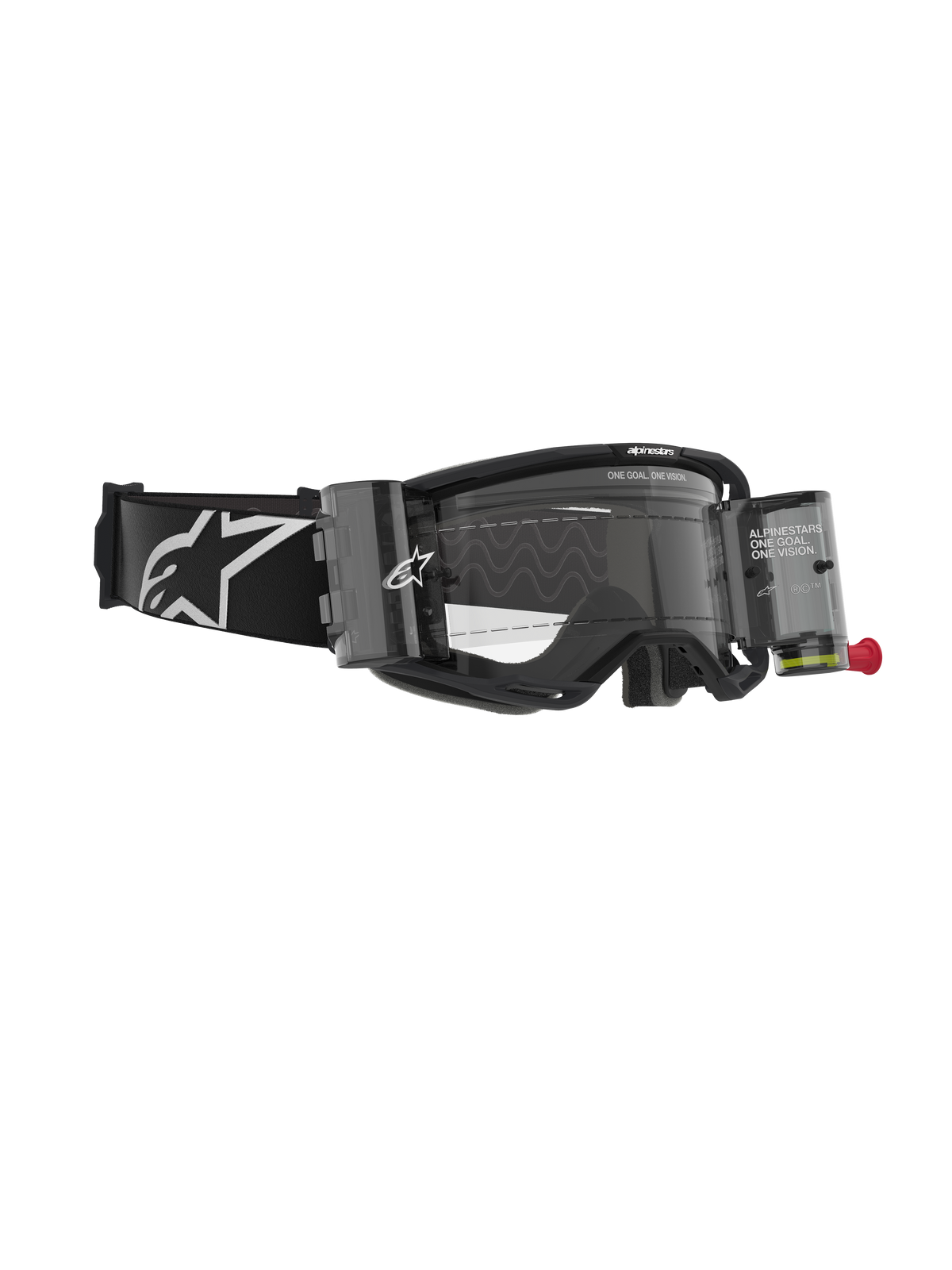 Masque Alpinestars Vision 8 Corp, lunettes de motocross avec système Roll-Off, noir et transparent, doté de boîtiers de film transparents, d'un écran clair et d'un large bandeau noir avec un grand logo Alpinestars blanc