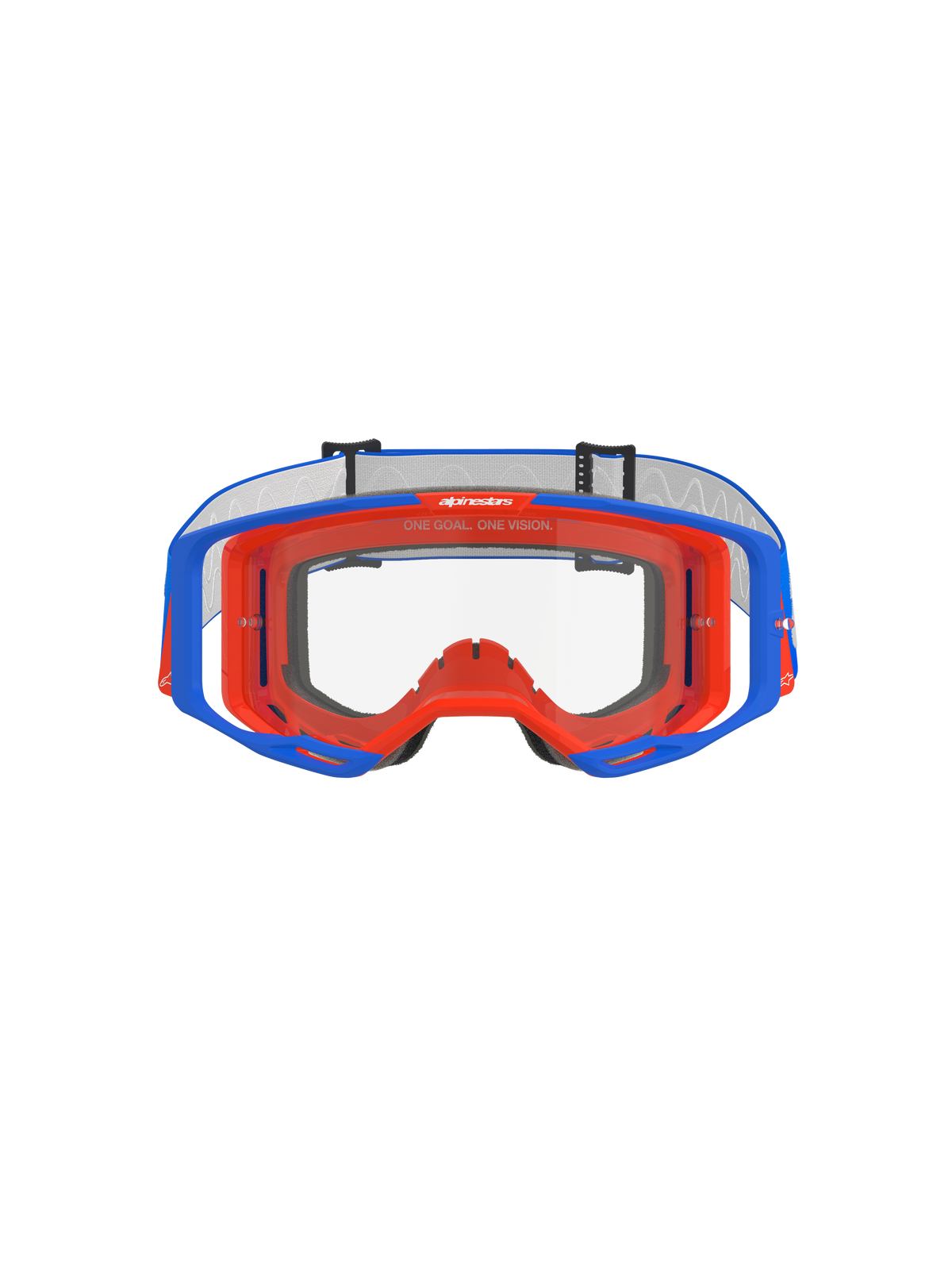 Masque Alpinestars Vision 8 Wordmark, masque de motocross, bleu et orange avec écran clair, vue de face, doté d'une monture flexible bicolore, conception d'écran à large vision périphérique et marquage « One Goal. One Vision. » sur la partie supérieure du cadre intérieur.