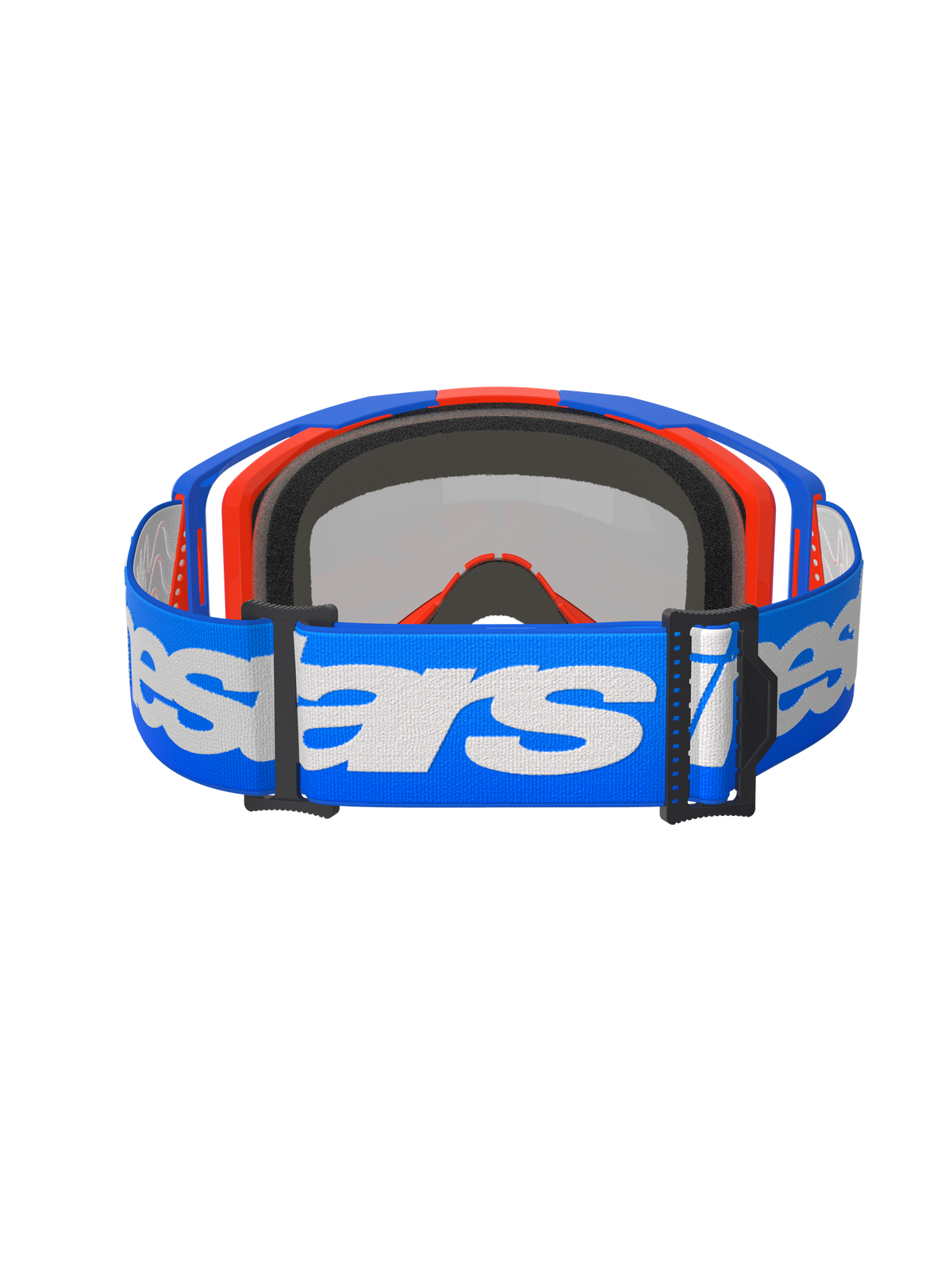 Alpinestars Vision 8 Wordmark Goggles, lunettes de motocross, bleu orange miroir rouge, vue arrière montrant une sangle tissée bleue avec logo Alpinestars blanc, mousse faciale interne moulée en 3D et boucles de réglage noires